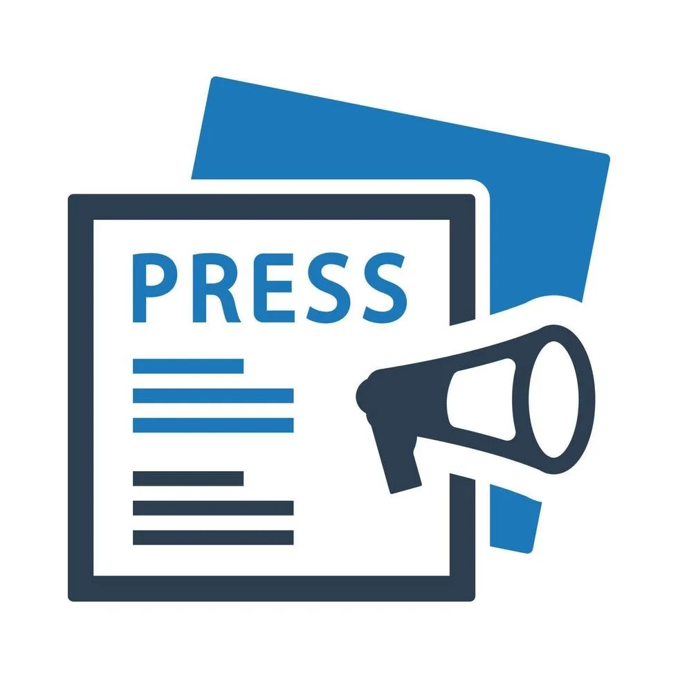 Icon of a press release document with a megaphone, blue papers behind the document.