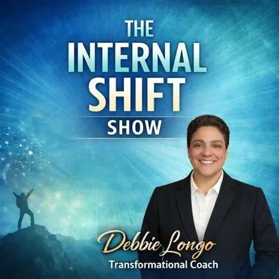 Poster for 'The Internal Shift Show' featuring Debbie Longo, a transformational coach, with a background of a person on a mountain top celebrating.