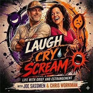 Animated promotional poster for a comedy show titled 'Laugh Cry Scream' featuring Joe Sassam and Chris Workman, with colorful graffiti-style graphics and expressive cartoon characters.