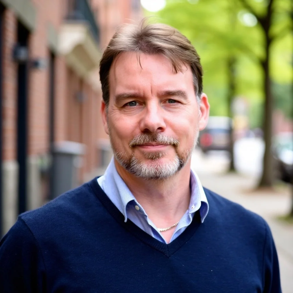 A middle-aged man with light brown hair, a beard, and blue eyes stands outside on a sidewalk, wearing a light blue collared shirt and a navy sweater. The background shows a street with trees and parked cars.