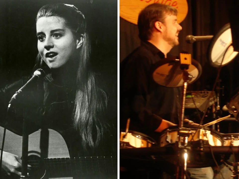 Left side: Black and white photo of Mary Smith singing into a microphone and playing guitar. Right side: Al Isaacs with short hair and beard smiling while playing electronic drums on stage.