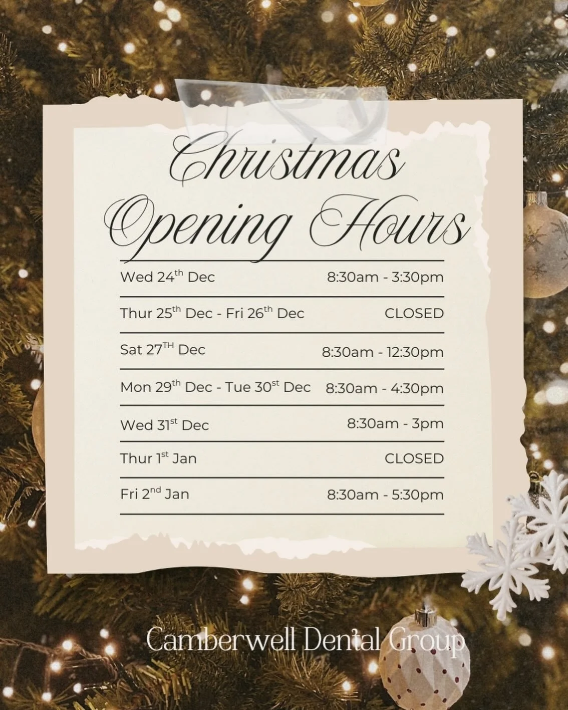 🦷 Camberwell Dental Group will be OPEN over the Christmas period! 🎄 Check out our festive opening times and yes, we will be taking same-day emergency appointments! 😃📞 #camberwelldentist #emergencydentist #discovercamberwell #camberwelllocal #melb