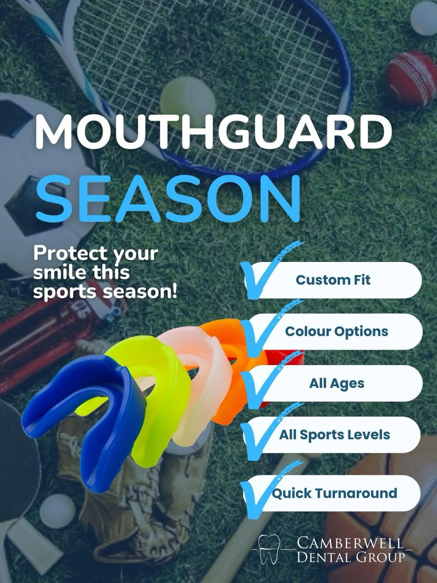 It&rsquo;s sports season! 🏉⚽🏀

This means training sessions, game days and making sure your smile is protected!

Our custom-fit sports mouthguards offer:
✔️ The perfect fit
✔️ A range of colour options
✔️ All ages covered
✔️ All sports levels welco