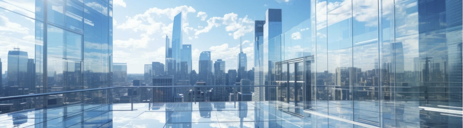 View of a modern city skyline seen from a glass balcony or terrace, with tall skyscrapers under a partly cloudy sky.