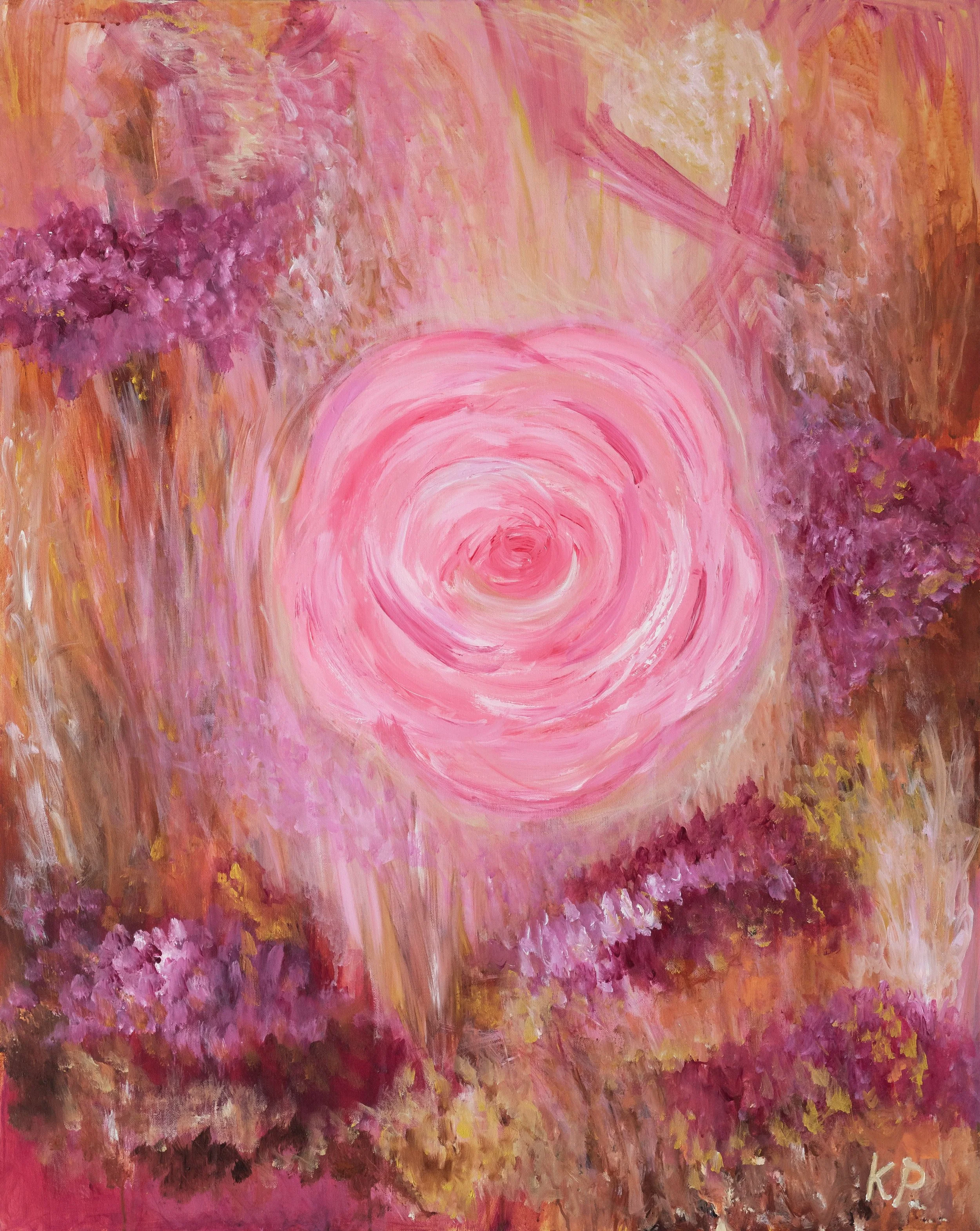 a beautiful sacred painting in pink, purple and yellow, orange tones with a pink rose in the middle, illustrating art therapy sessions in bangkok thailand