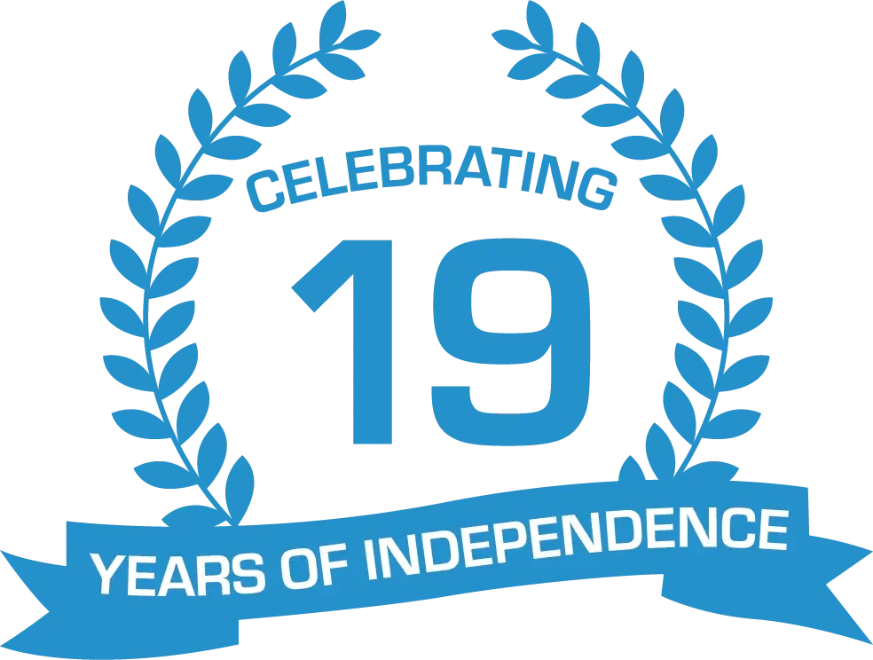 An decorative icon reading "celebrating 19 years of independence"