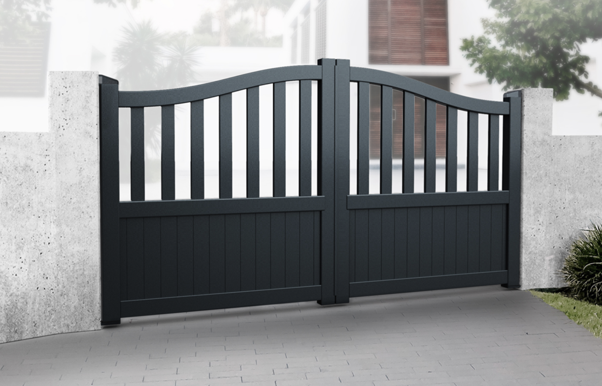 Vertical Solid Infill and Bell Curved Top - Partial Privacy Aluminium - Driveway Gate –