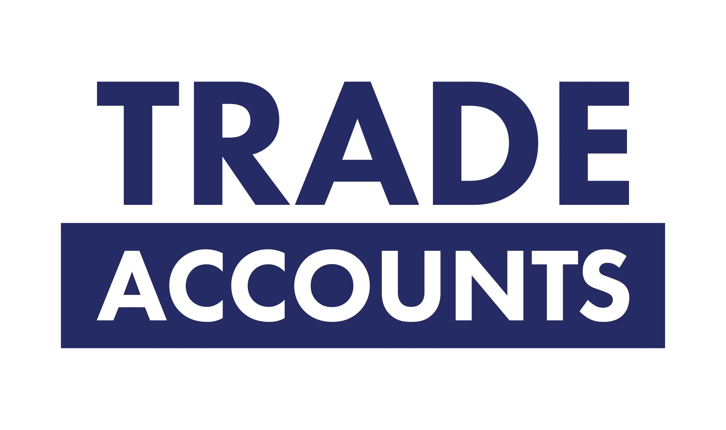 Logo with the words 'Trade' in dark blue with black stripes and 'Accounts' in white inside a dark blue rectangle.