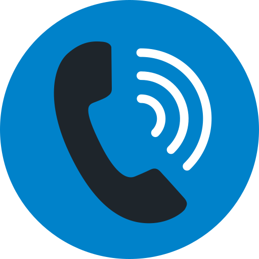 Phone receiver icon with signal waves on a blue circular background.