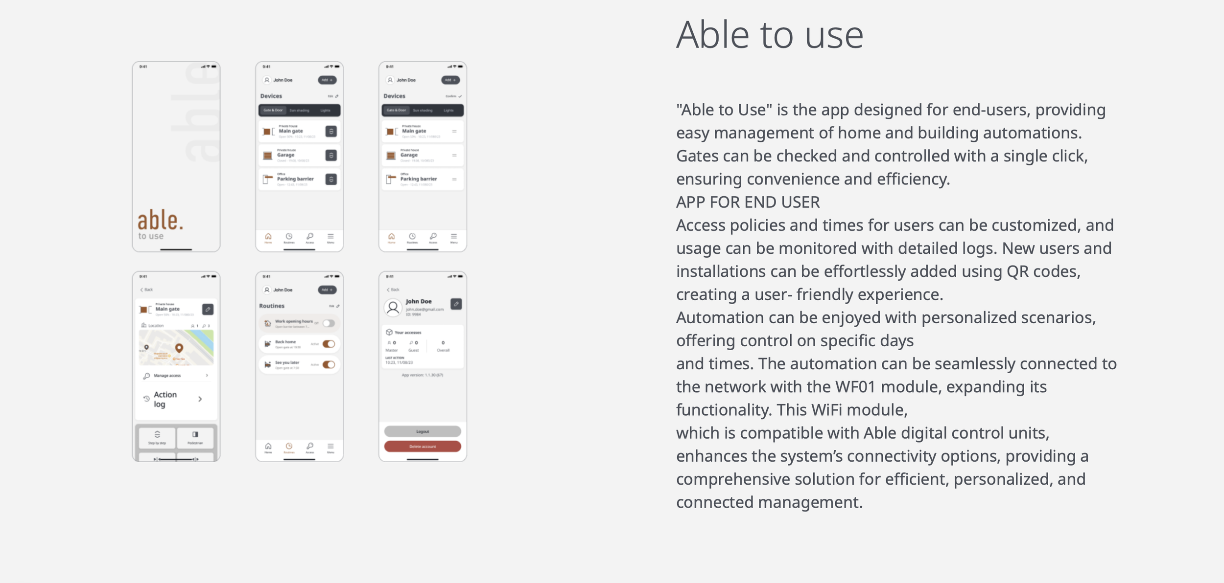 Digital presentation slide displaying features of the app 'Able to Use' with six screenshots of the app interface and a paragraph describing its functions related to home automation management.