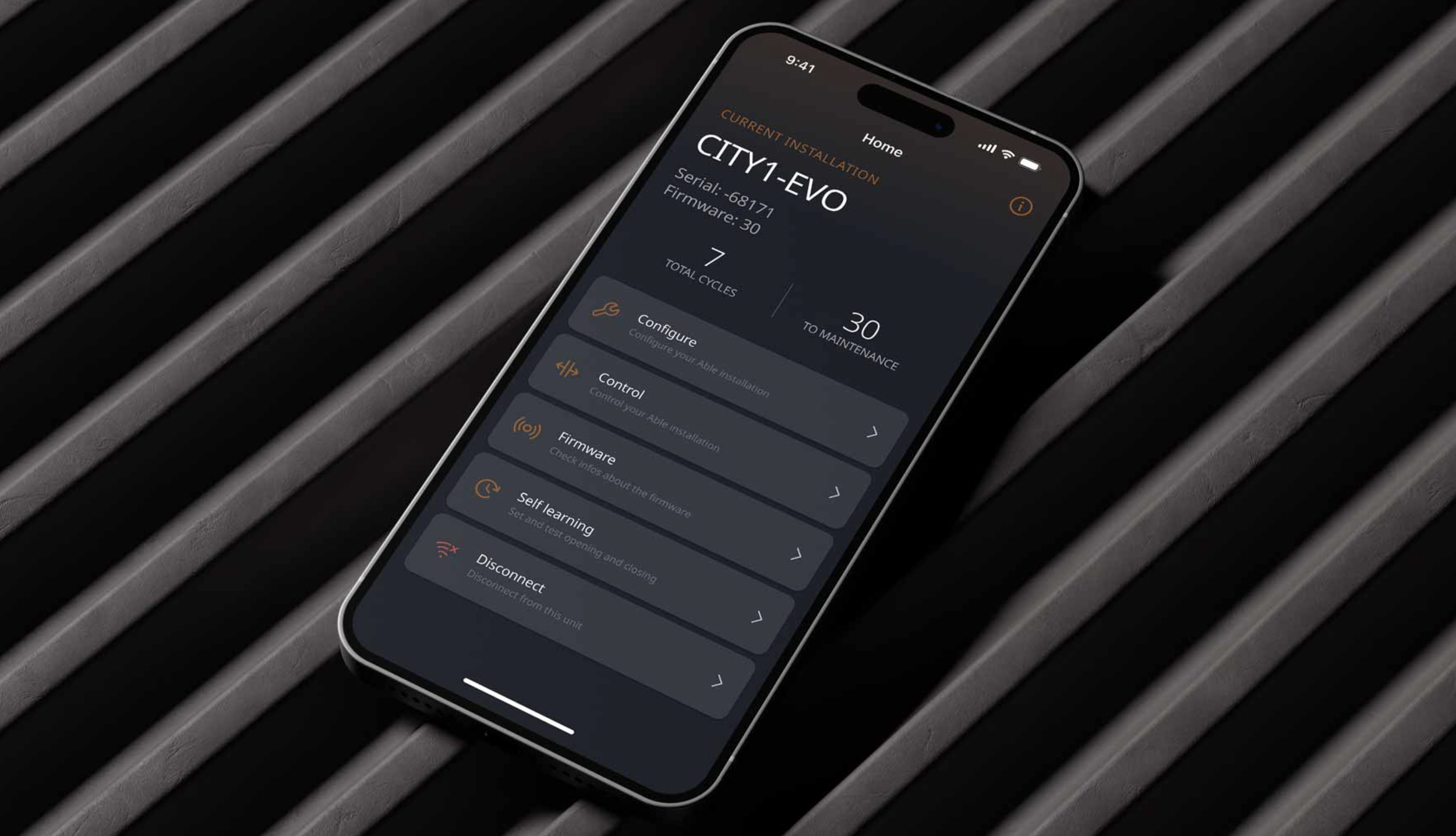 A smartphone displaying an app for a smart bike system named CITY1-EVO, showing details such as serial number, firmware, total cycles, and options for configuration, control, firmware update, self learning, and disconnect.