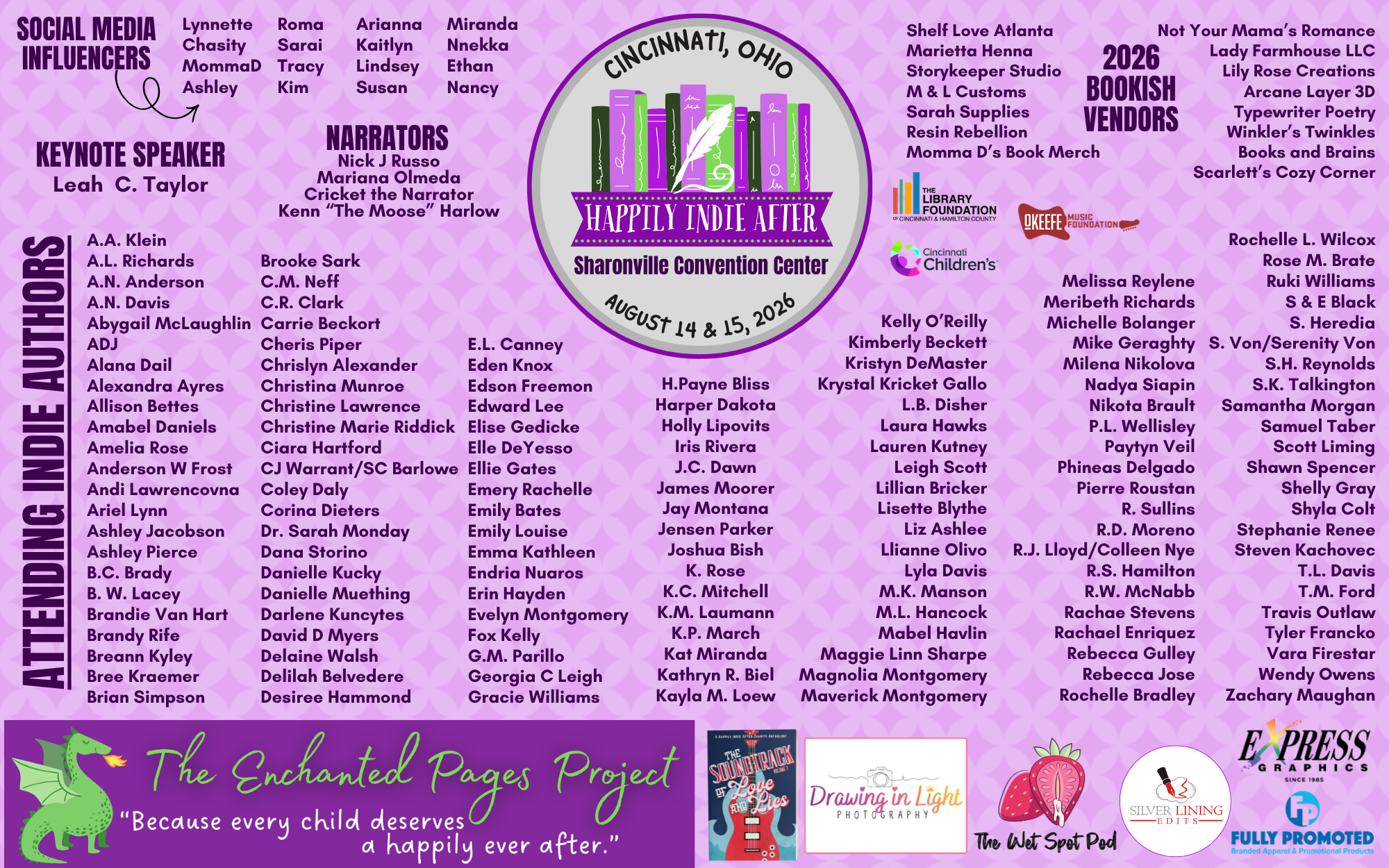 Event poster for 'Happily Indie After' at Sharonville Convention Center on August 14-15, 2026. The poster lists names of social media influencers, narrators, authors, and vendors, along with logos of sponsors and partners such as The Library Foundation, Cincinnati Children's, and others. It features a purple theme with a central graphic of books and a feather. A green dragon logo and a quote about children's stories are also present at the bottom.