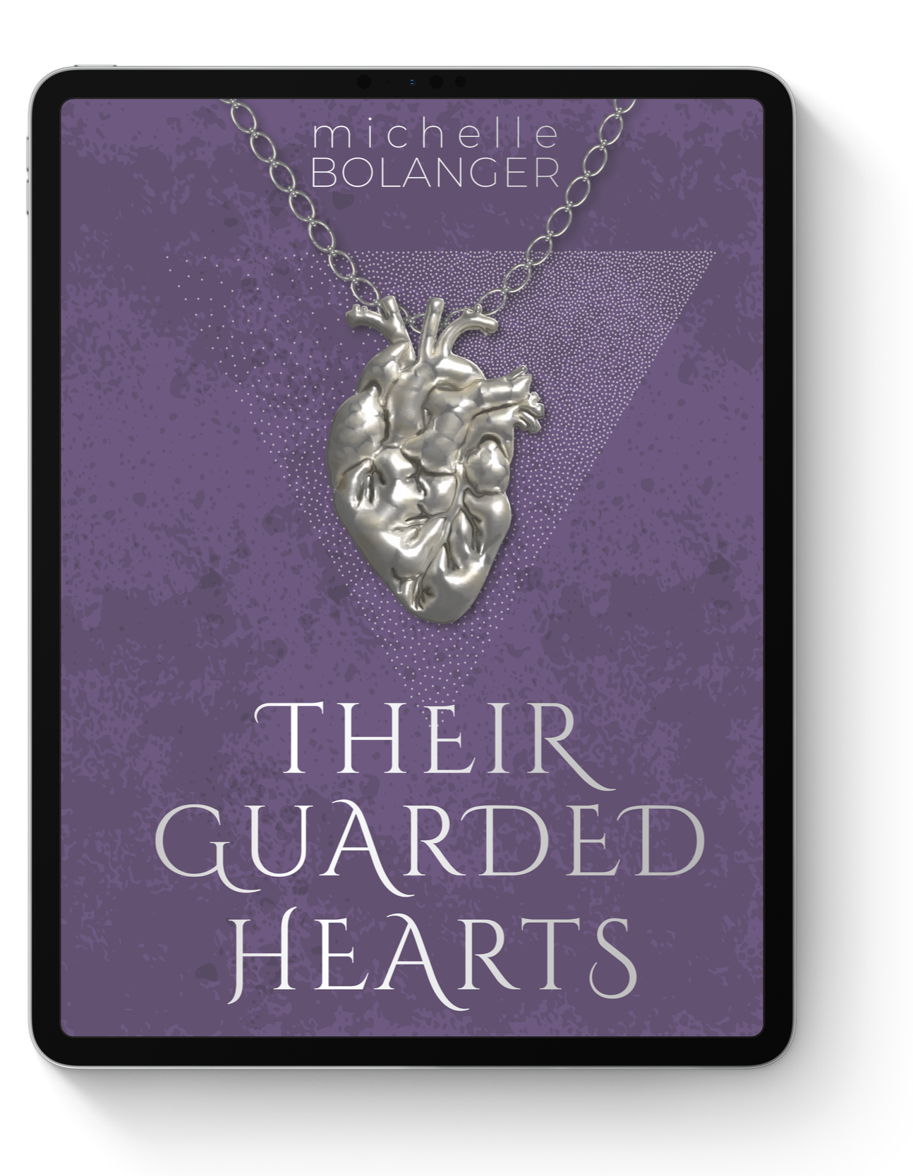 Book cover with a purple textured background, a silver heart-shaped necklace, and the title 'Their Guarded Hearts' by Michelle Bolanger.
