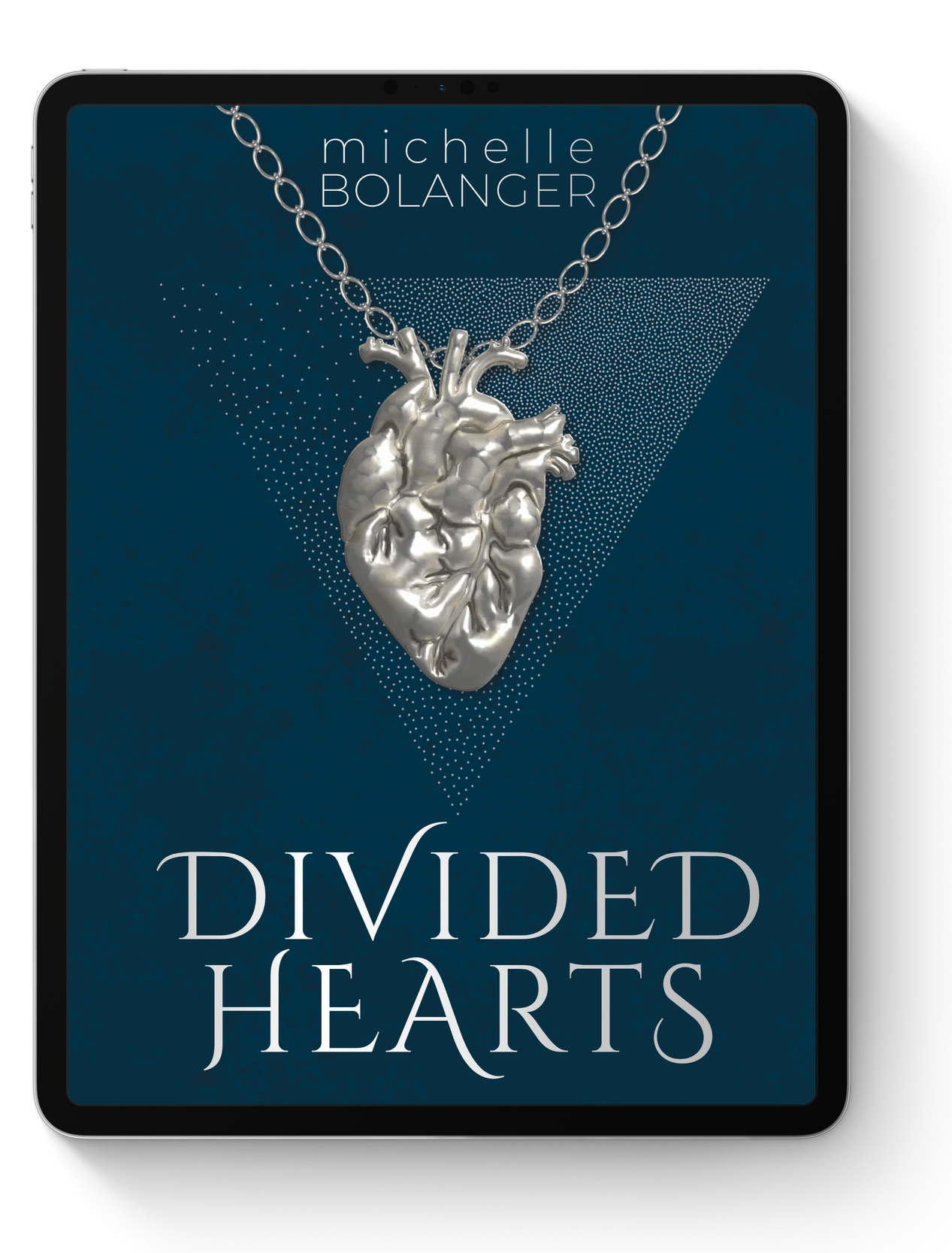 Book cover for 'Divided Hearts' by Michelle Bolanger featuring a metallic human heart necklace on a dark blue background with geometric patterns.