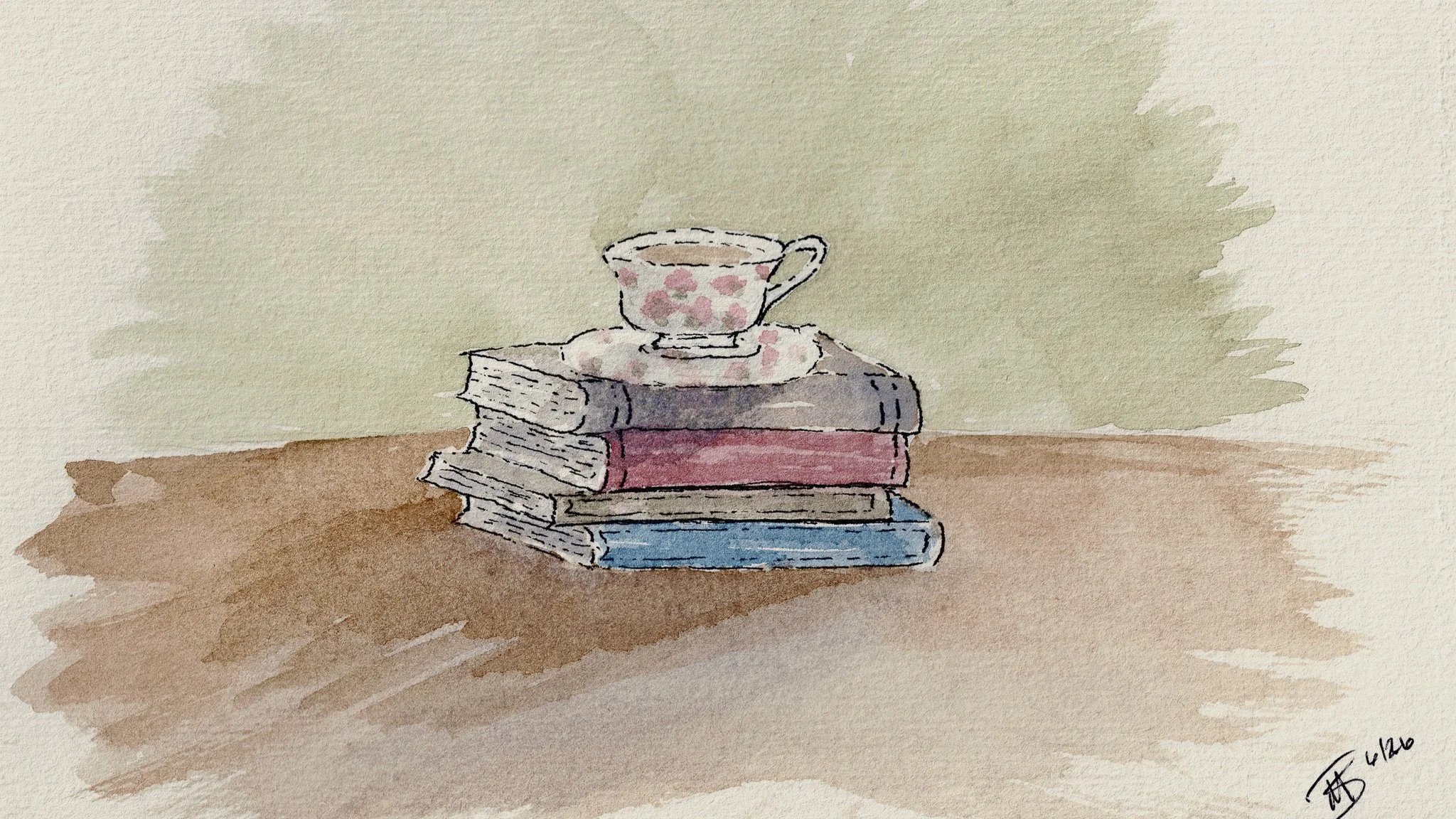 Watercolor painting of a stack of four books with a patterned teacup on top, set on a wooden surface with a green background.