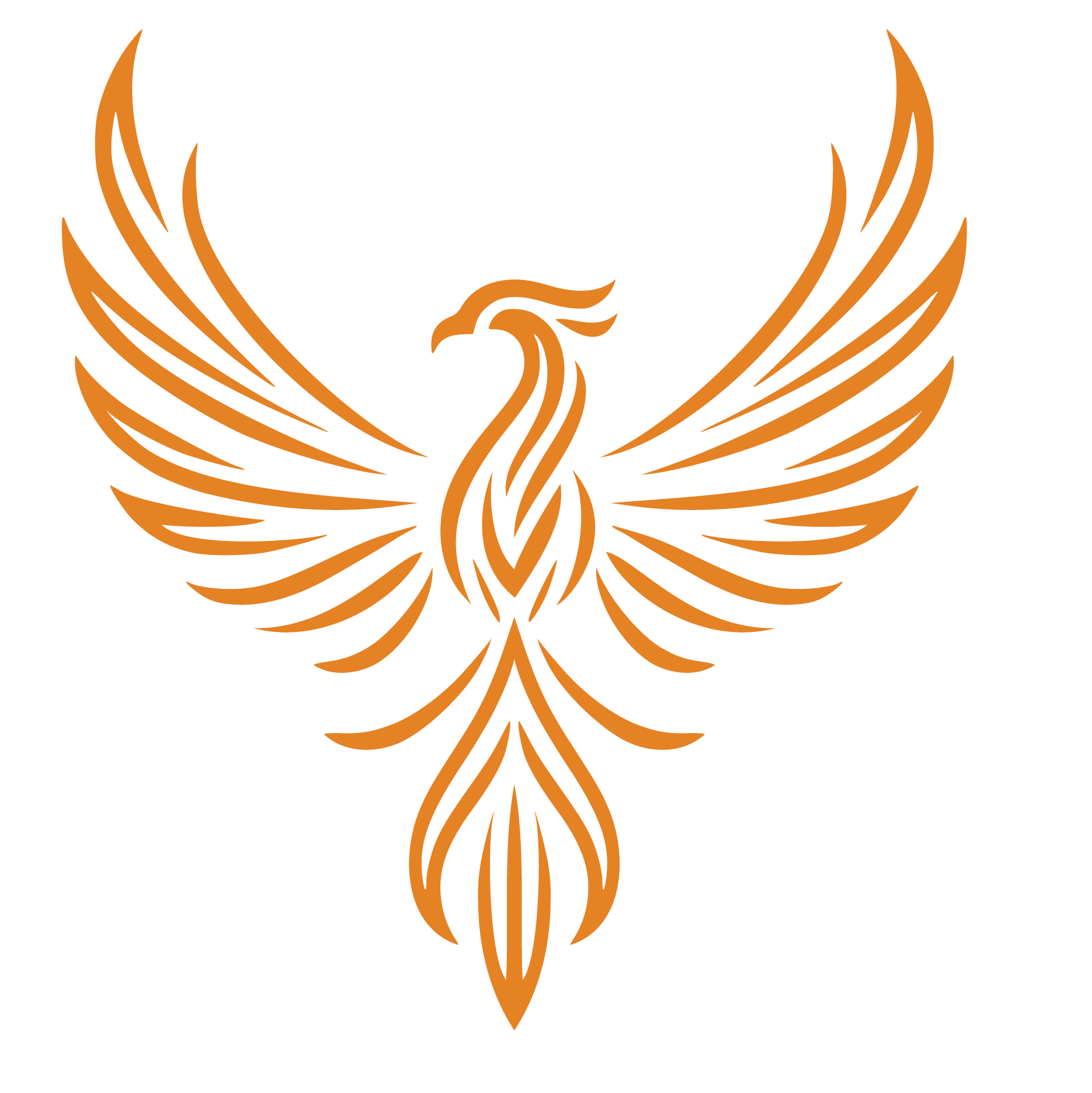 Stylized orange phoenix with wings spread wide on a black background.