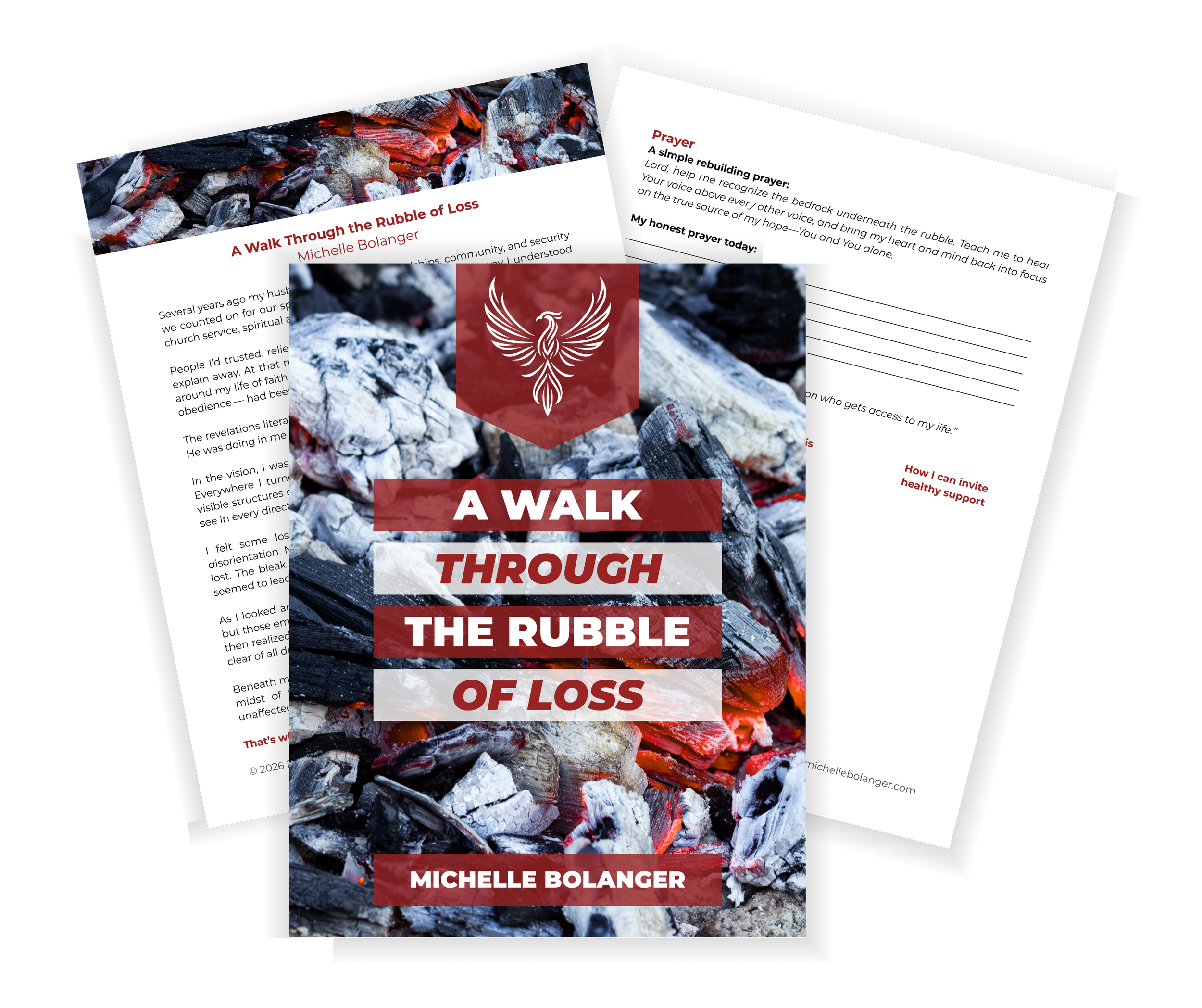 Cover of a book titled "A Walk Through the Rubble of Loss" by Michelle Bolanger, featuring a background image of charred and glowing embers.