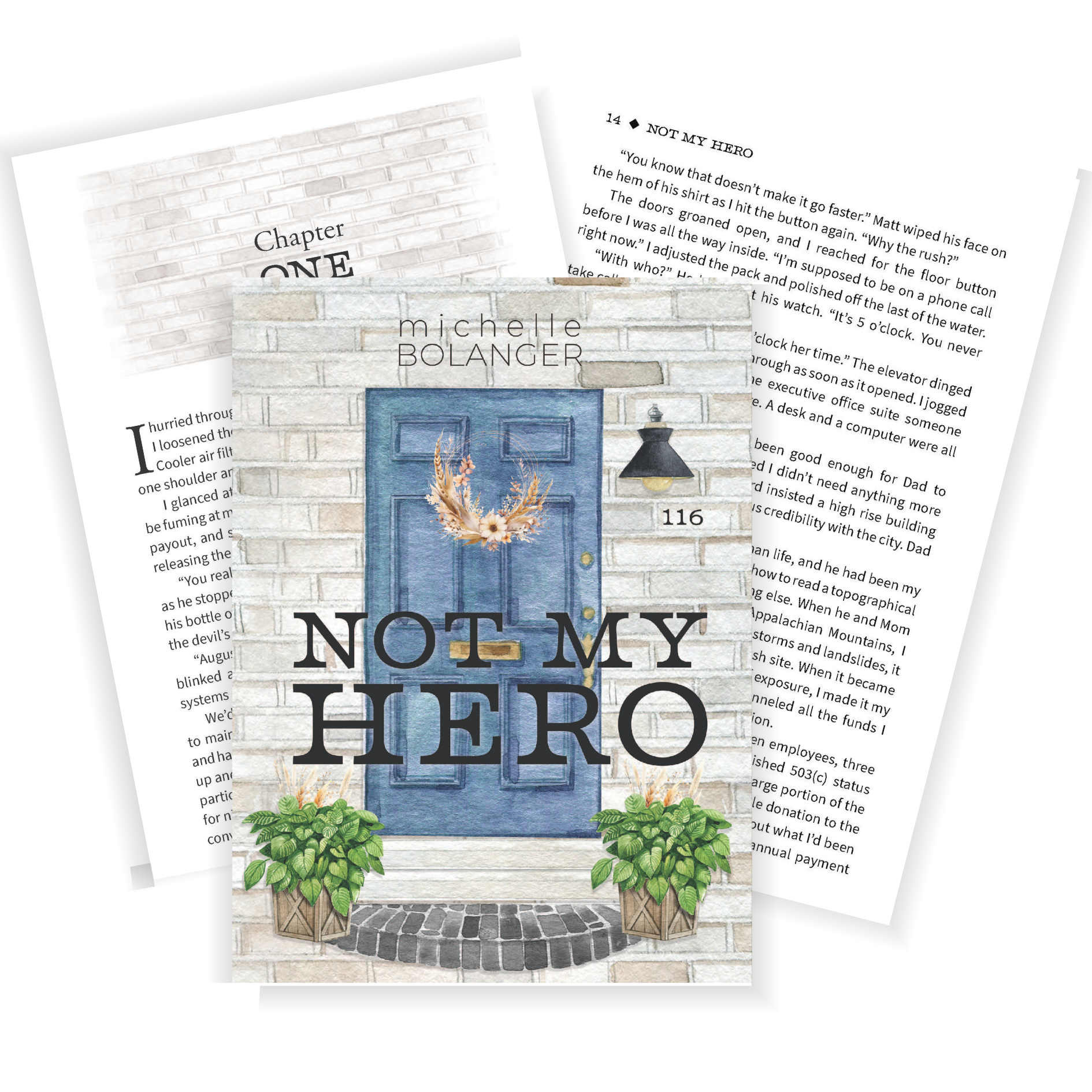 Page from a book with a chapter titled 'NOT MY HERO' and a decorated front cover featuring a blue door, plants, and a brick wall background.