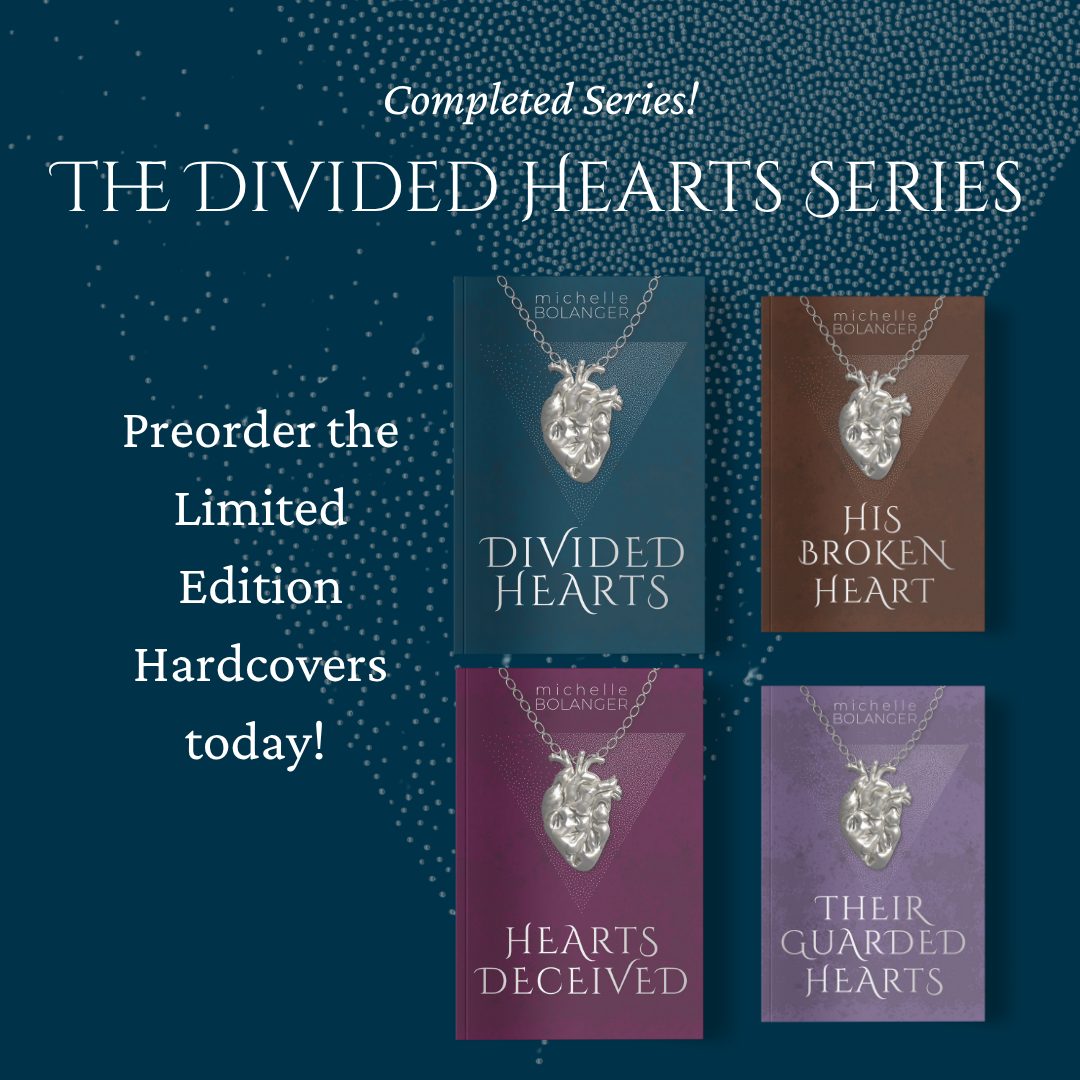 Promotional image for Michelle Bolanger's book series 'The Divided Hearts Series,' showing four book covers titled 'Divided Hearts,' 'His Broken Heart,' 'Hearts Deceived,' and 'Their Guarded Hearts' with a necklace featuring a silver heart-shaped pendant, and text encouraging preorders for limited edition hardcover copies.
