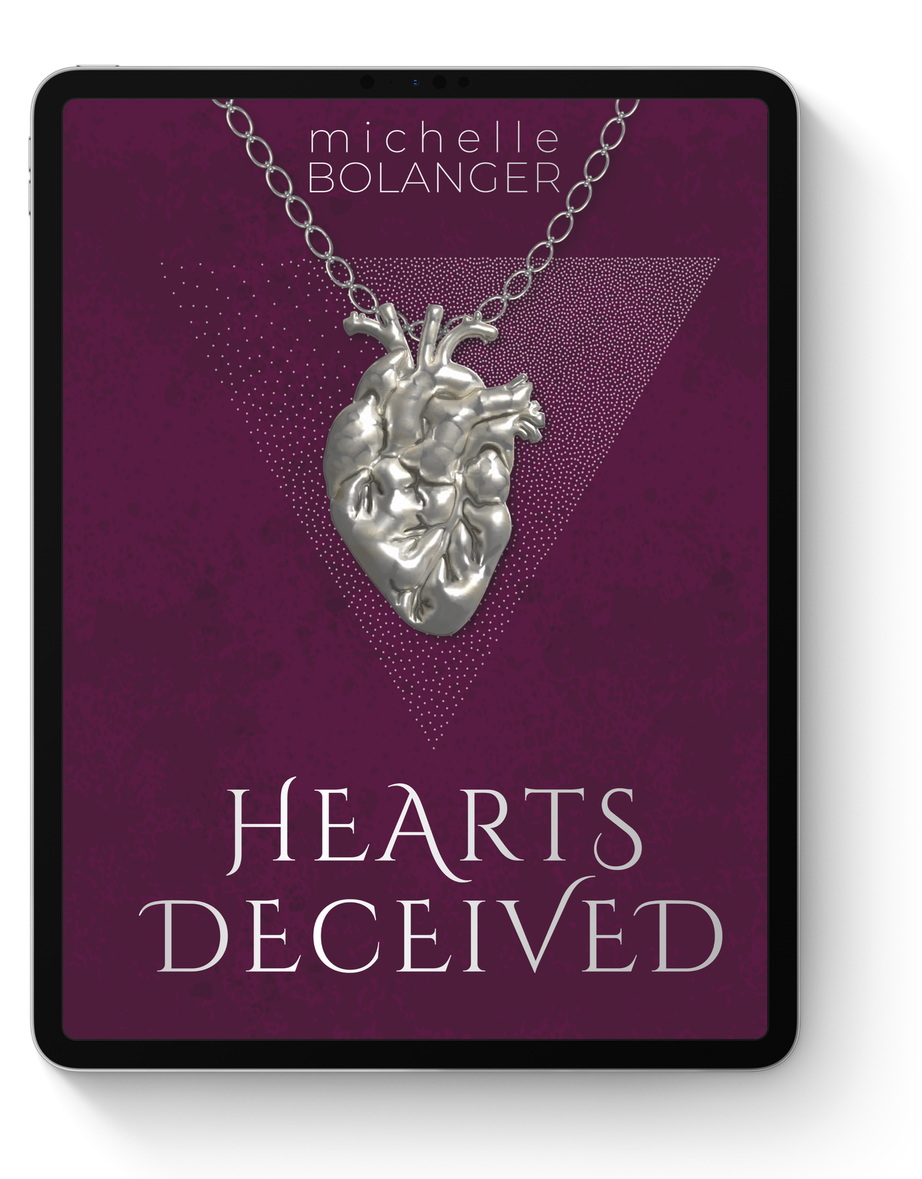 Book cover titled "Hearts Deceived" by Michelle Bolanger, featuring a metallic anatomical heart necklace on a purple background with geometric and dotted patterns.