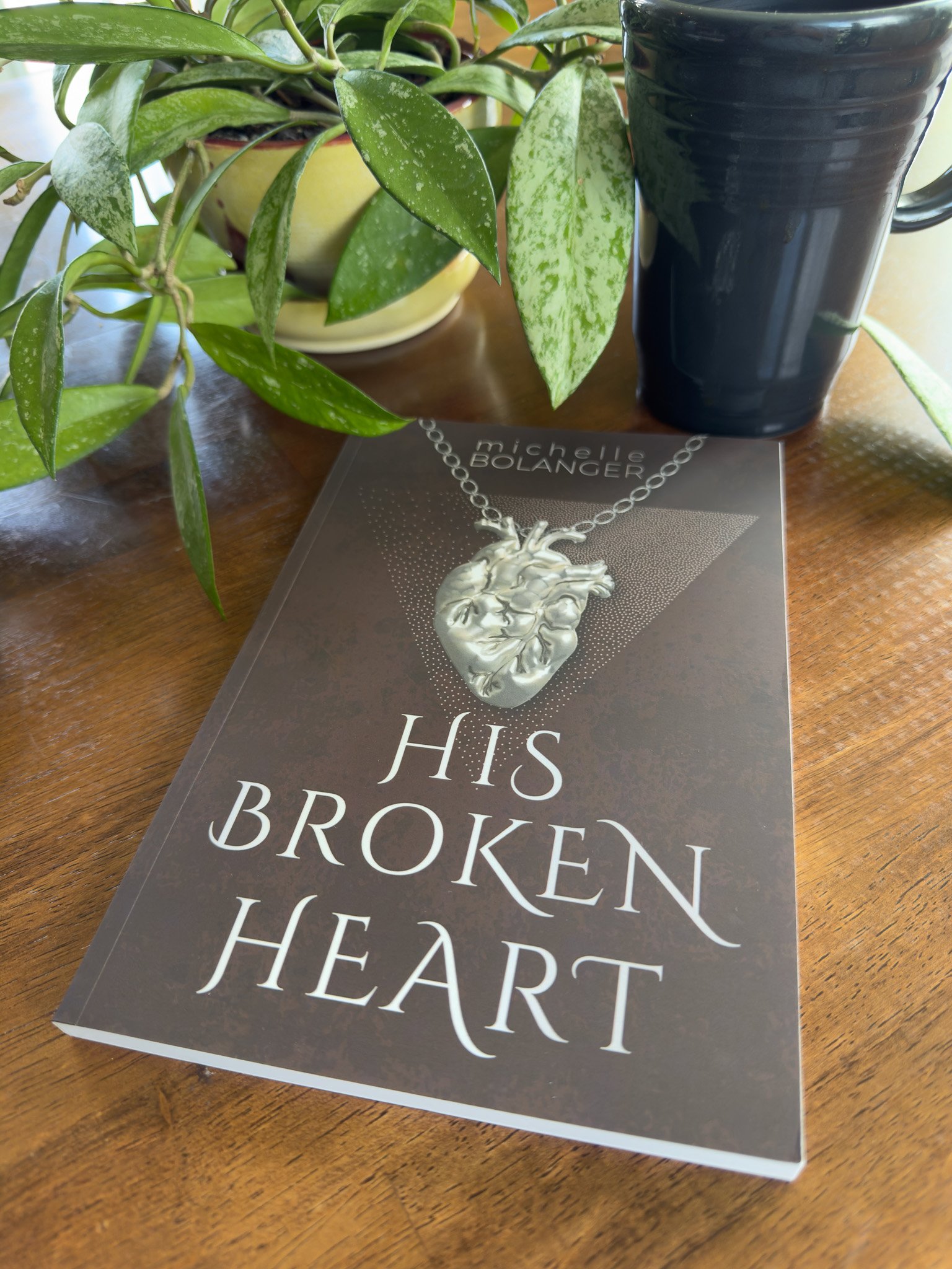 A potted plant with green leaves next to a black mug, placed on top of a book titled "His Broken" with a silver heart necklace on the cover, all on a wooden surface.
