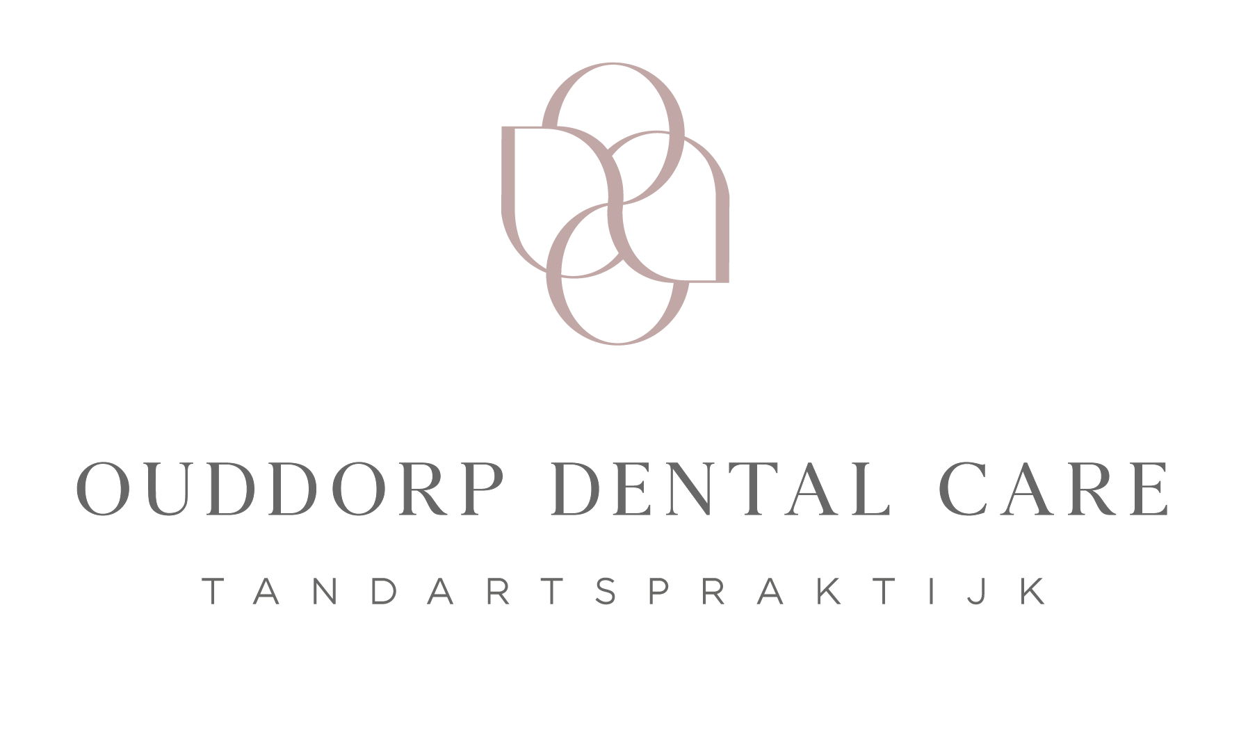 Logo van Oudorp Dental Care met een abstract symbool en de naam onder in grijstinten, zwart achtergrond.