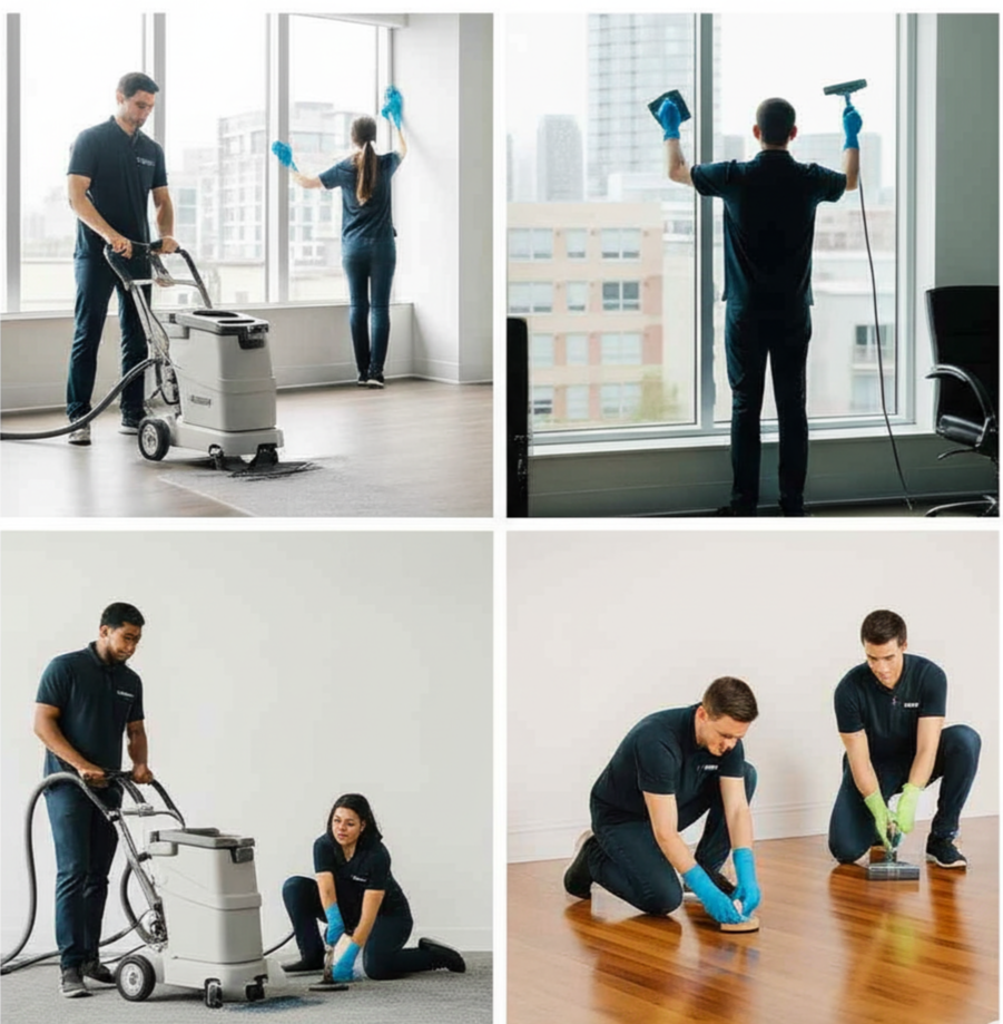 People cleaning windows, vacuuming, and polishing floors in an office setting.