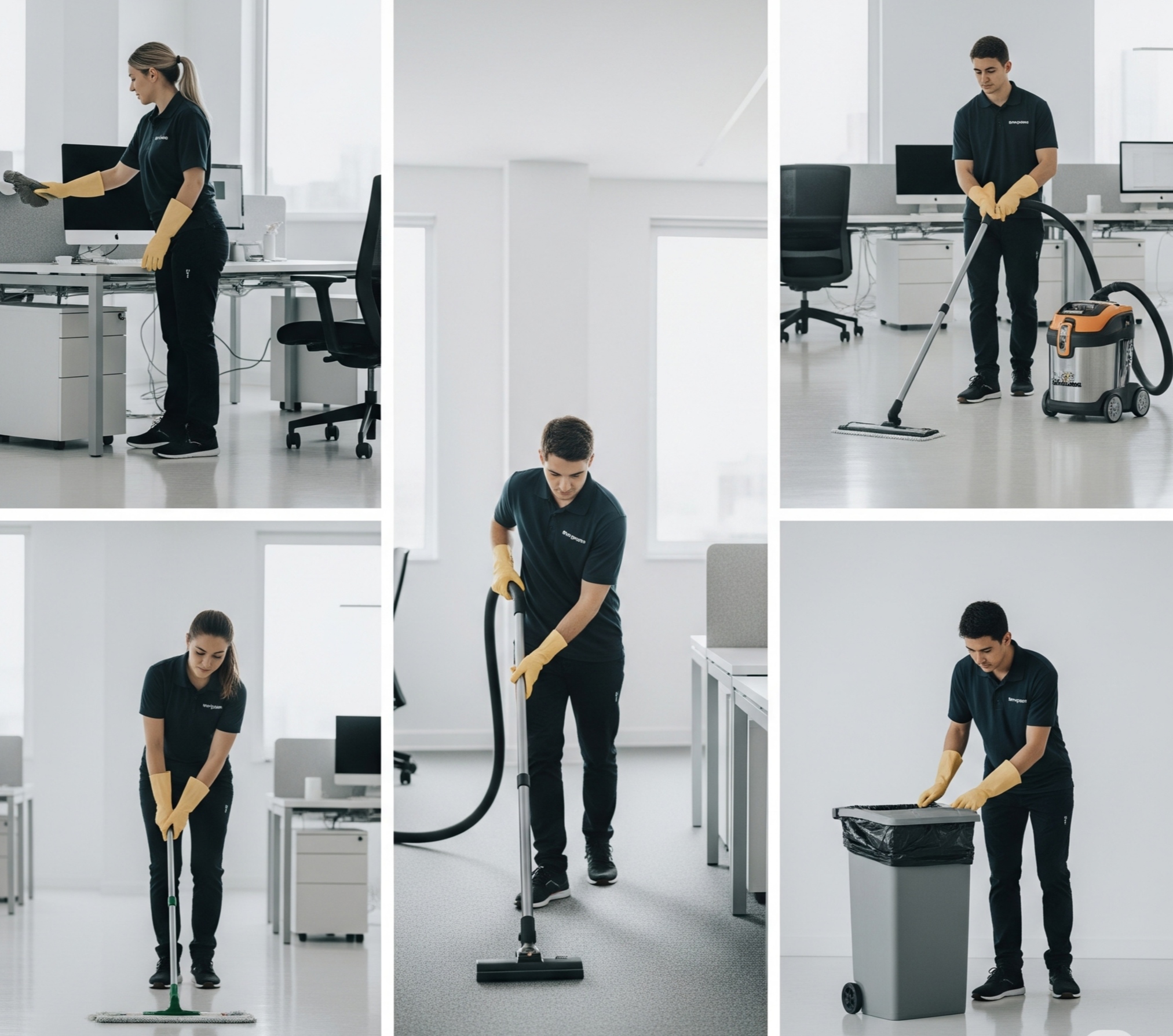 A team of five janitorial workers cleaning an office space. One person cleans a computer monitor, another vacuums the floor, one mops, another sweeps, and the fifth empties a trash can.