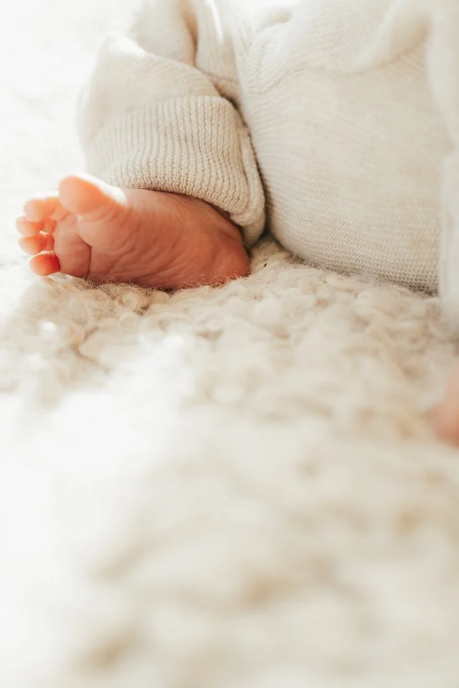 Nahaufnahme eines neugeborenen Babys, das sich auf einem weichen, cremefarbenen Teppich befindet, mit einem weißen Pullover.