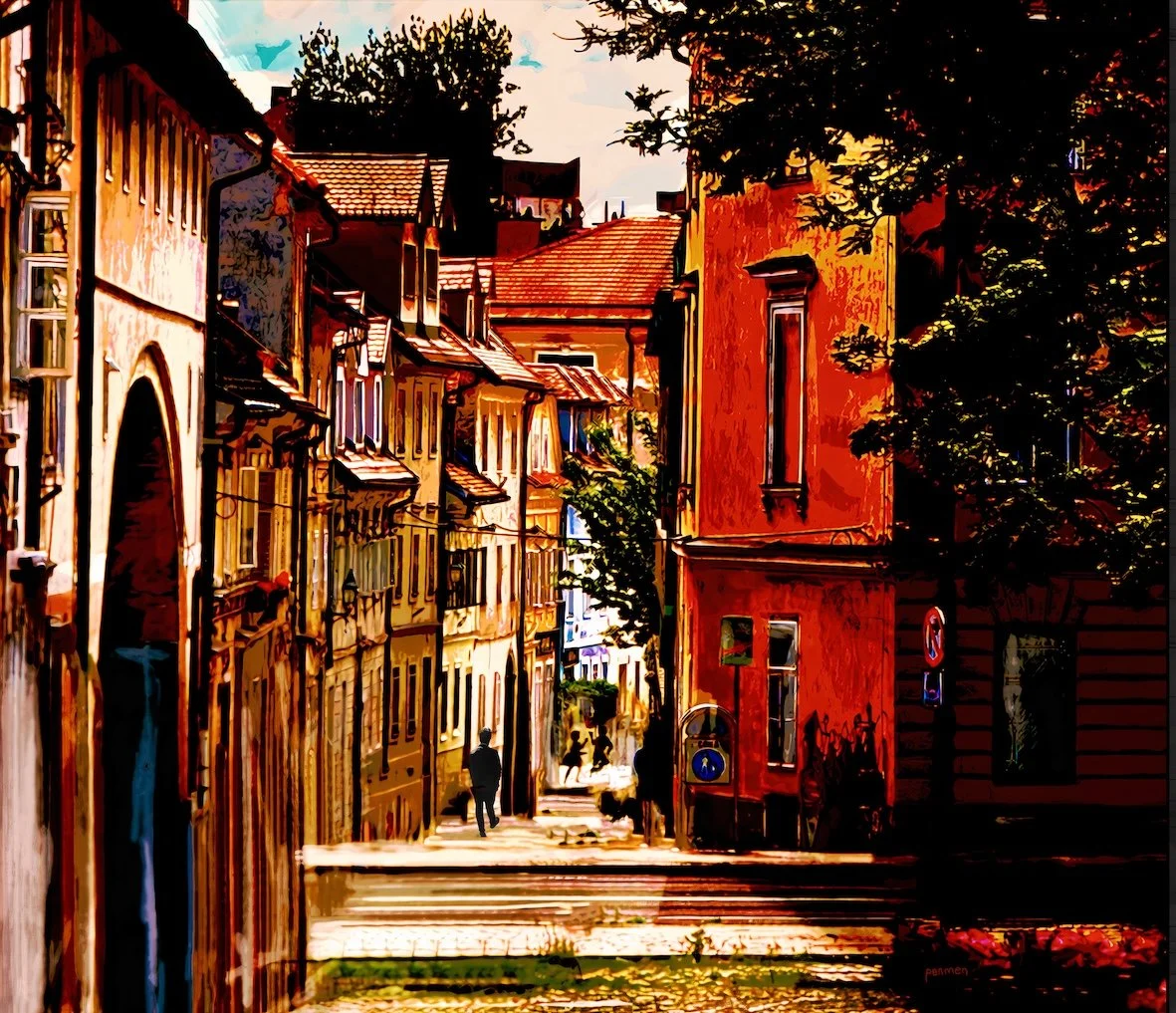 Ljubljana Slovenia - on the edge of the old town on a queit spring afternoon. Childrens Laughter echoes. 