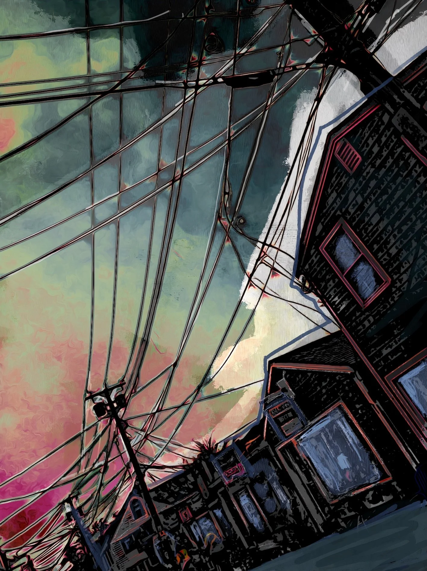Power Wires -  Maine USA, part of a building series on Connectedness - the wires above us and this is a dramatic example. Based on a photo I took in 2016BT. 
