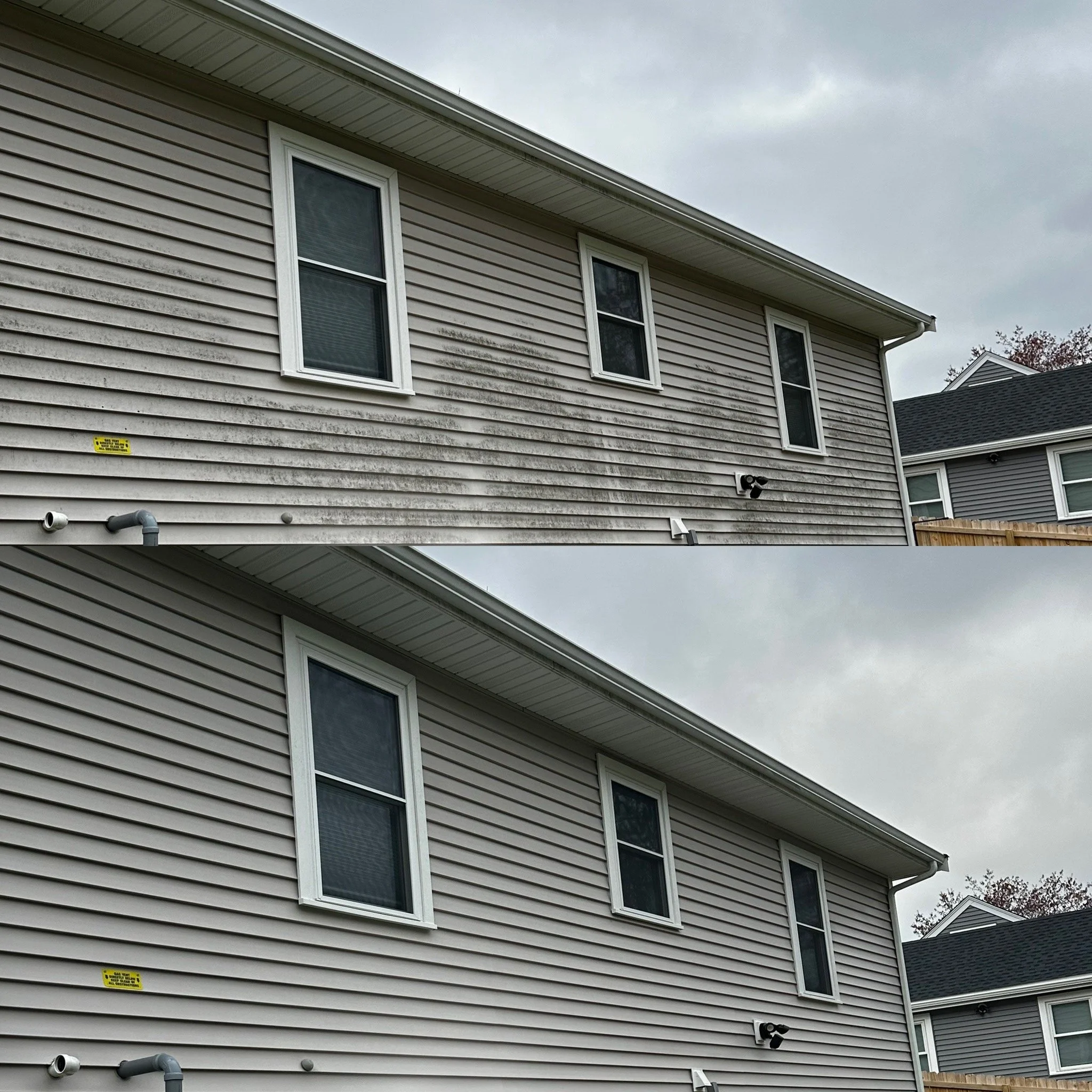 Before and after house washing showing removal of algae and dirt from vinyl siding