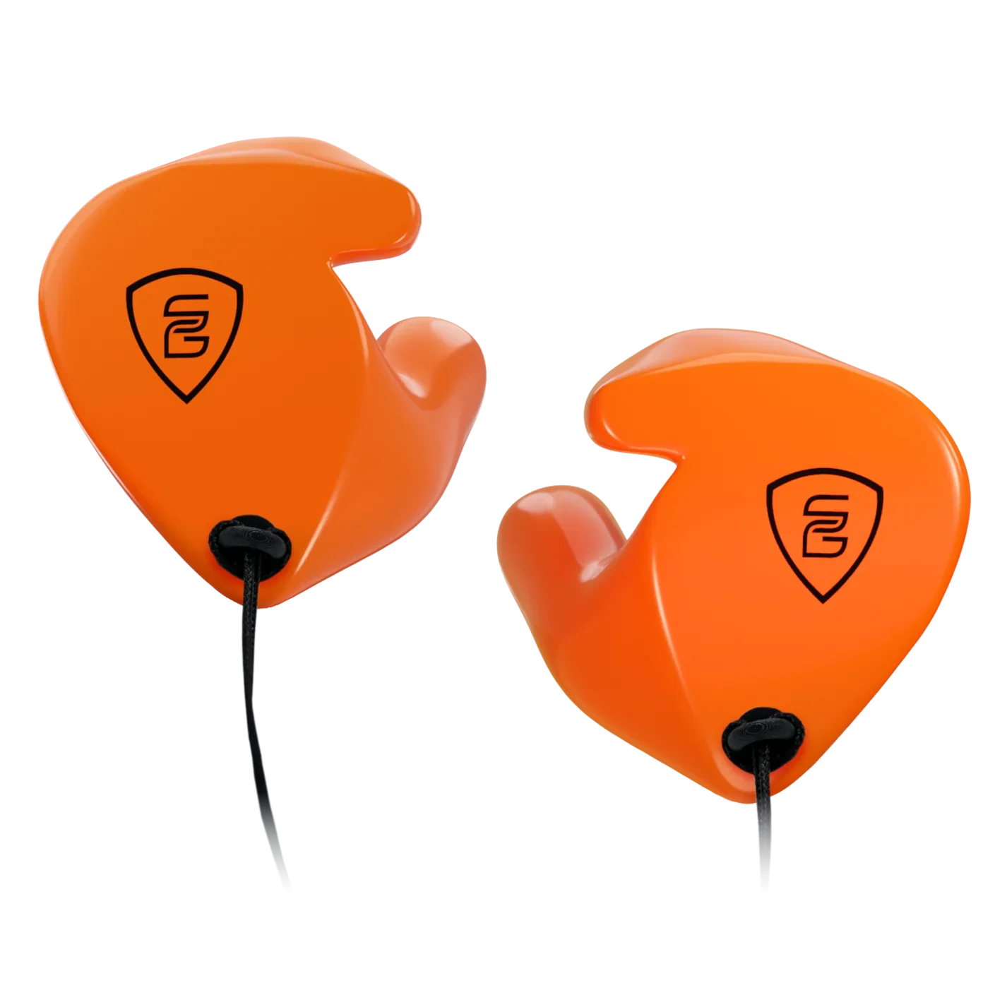 Pair of orange in-ear hearing protection with black logos and cord connecting the two.