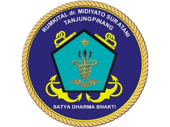 The emblem of Rumkital dr. Midiyato Suratani Tanjungpinang featuring a blue circular background with a gold rope border, a pentagon shape with a medical caduceus symbol, and the phrases 'Rumkital dr. Midiyato Suratani Tanjungpinang' at the top and 'Satya Dharma Bhakti' at the bottom.
