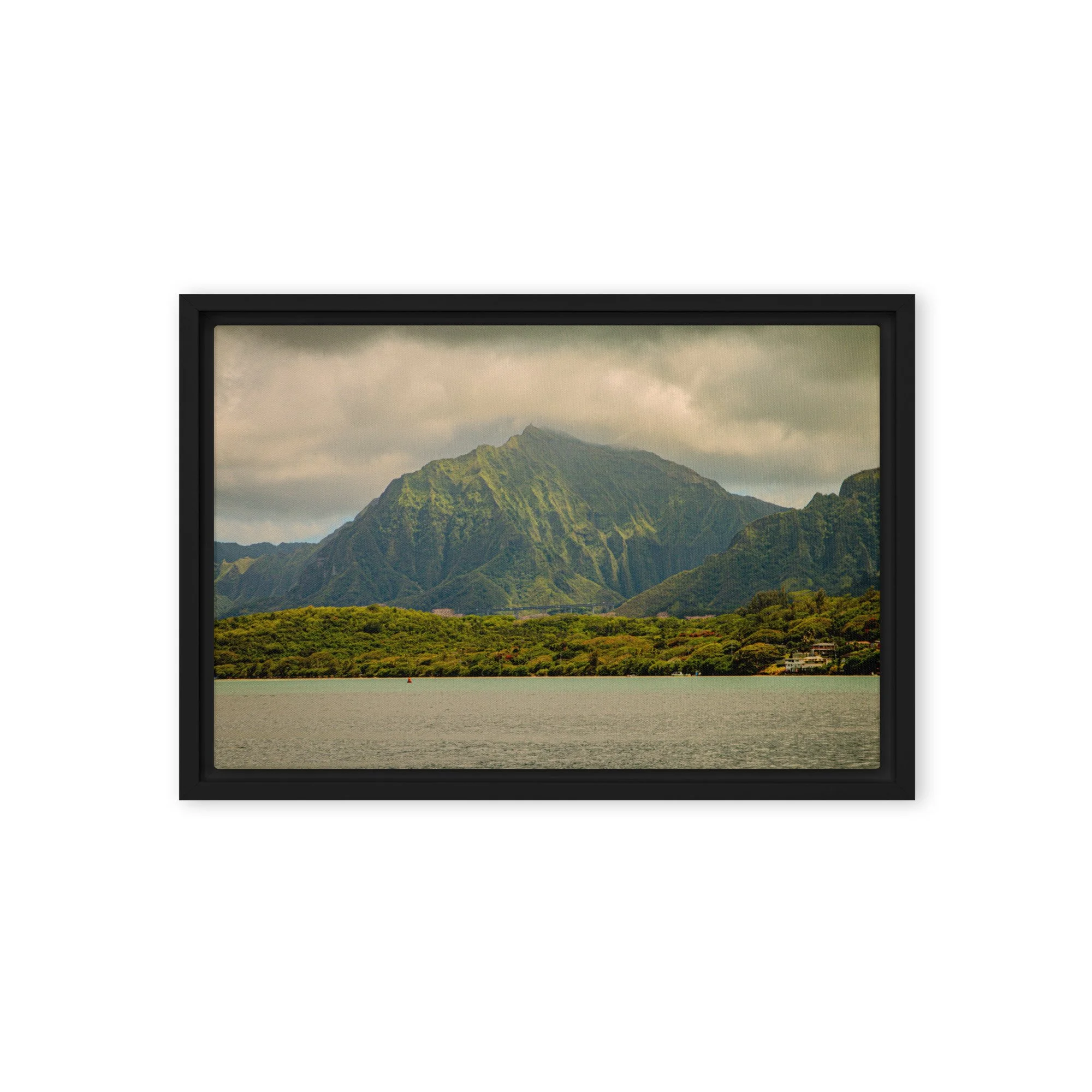 Oahu Hawaii mountain cliffs with ocean view under cloudy skies, framed landscape wall art