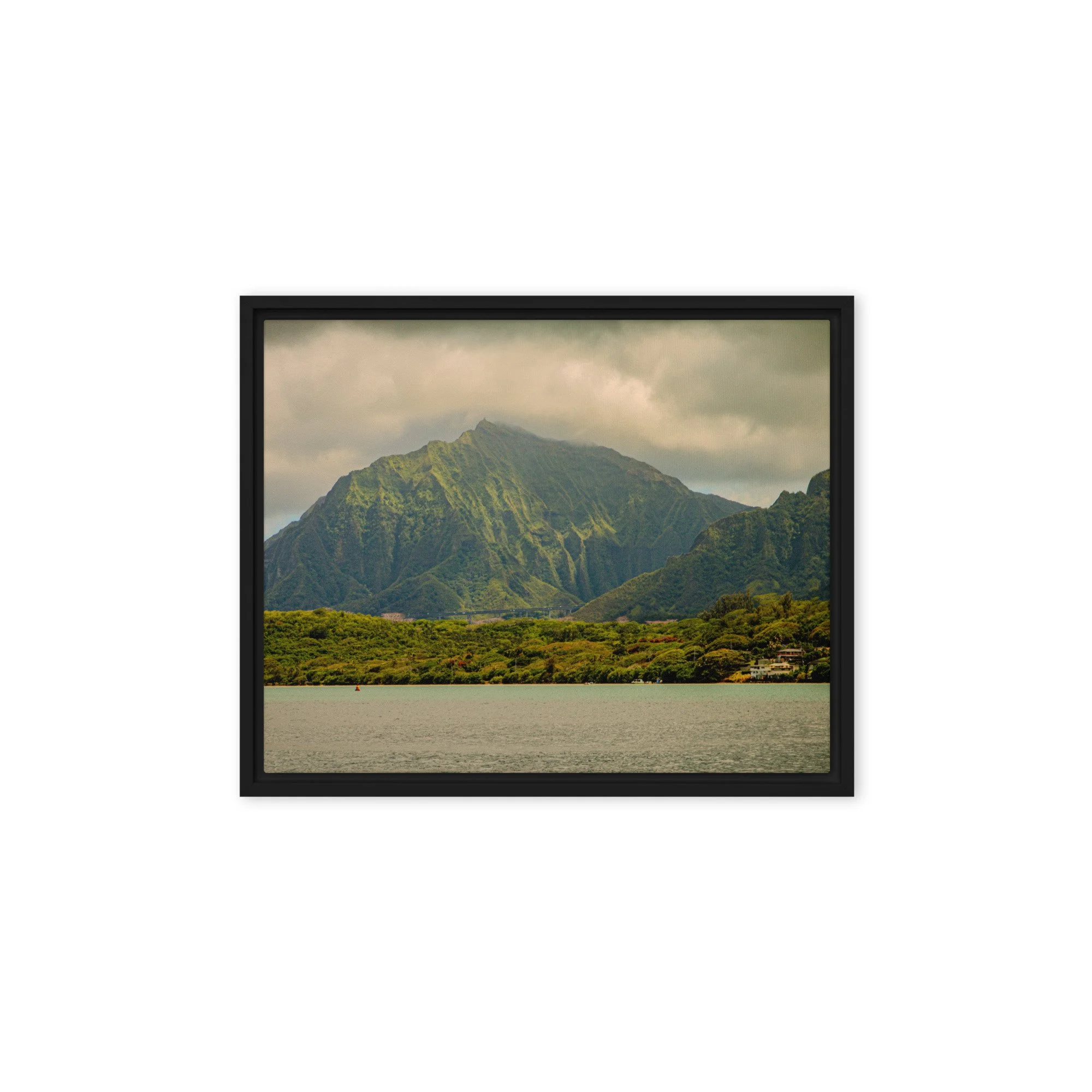 Oahu Hawaii mountain cliffs with ocean view under cloudy skies, framed landscape wall art