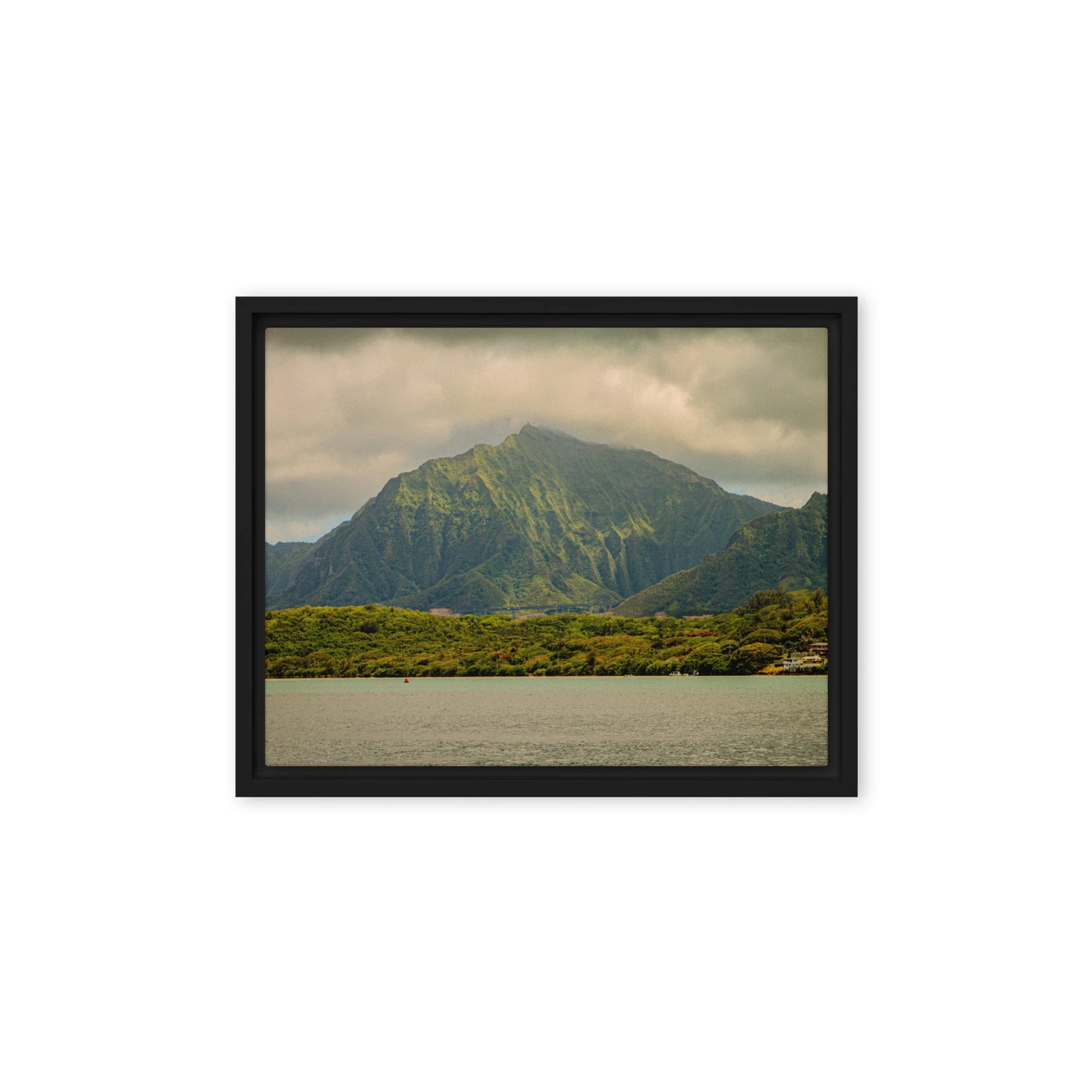 Oahu Hawaii mountain cliffs with ocean view under cloudy skies, framed landscape wall art
