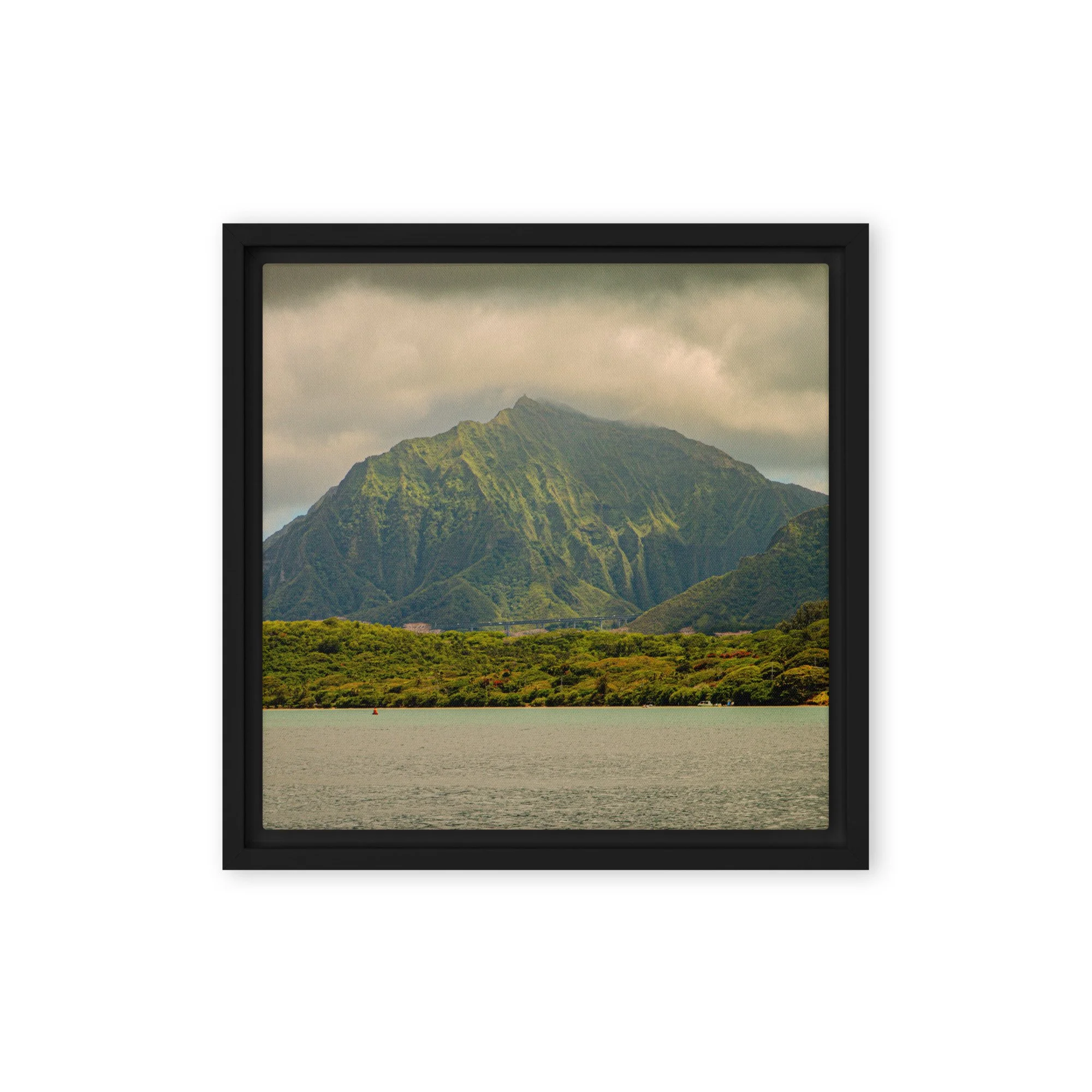Oahu Hawaii mountain cliffs with ocean view under cloudy skies, framed landscape wall art