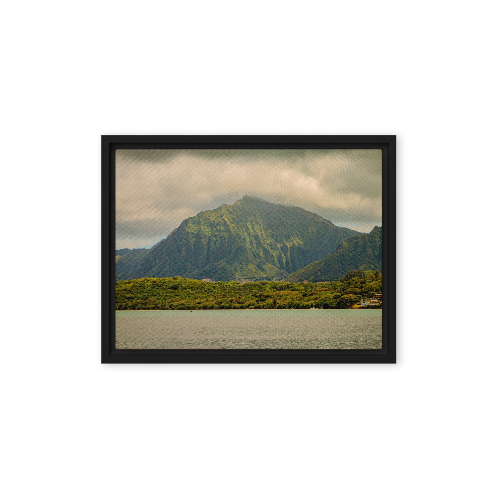 Oahu Hawaii mountain cliffs with ocean view under cloudy skies, framed landscape wall art