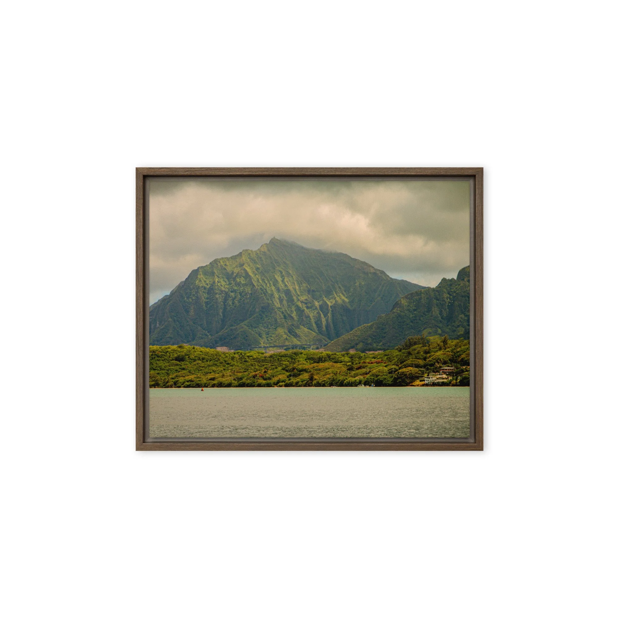 Oahu Hawaii mountain cliffs with ocean view under cloudy skies, framed landscape wall art