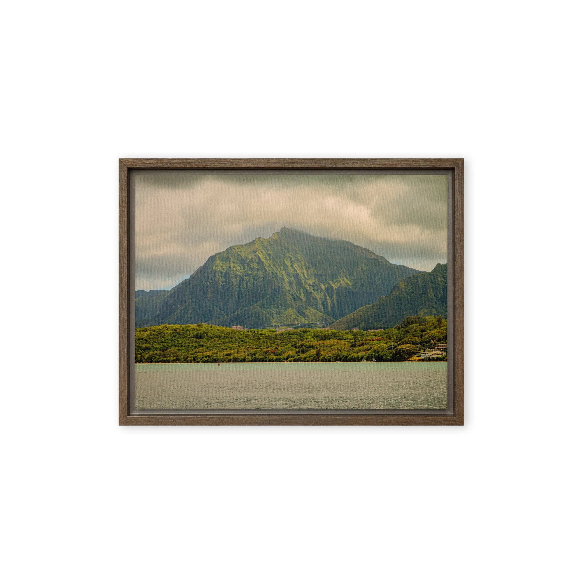 Oahu Hawaii mountain cliffs with ocean view under cloudy skies, framed landscape wall art