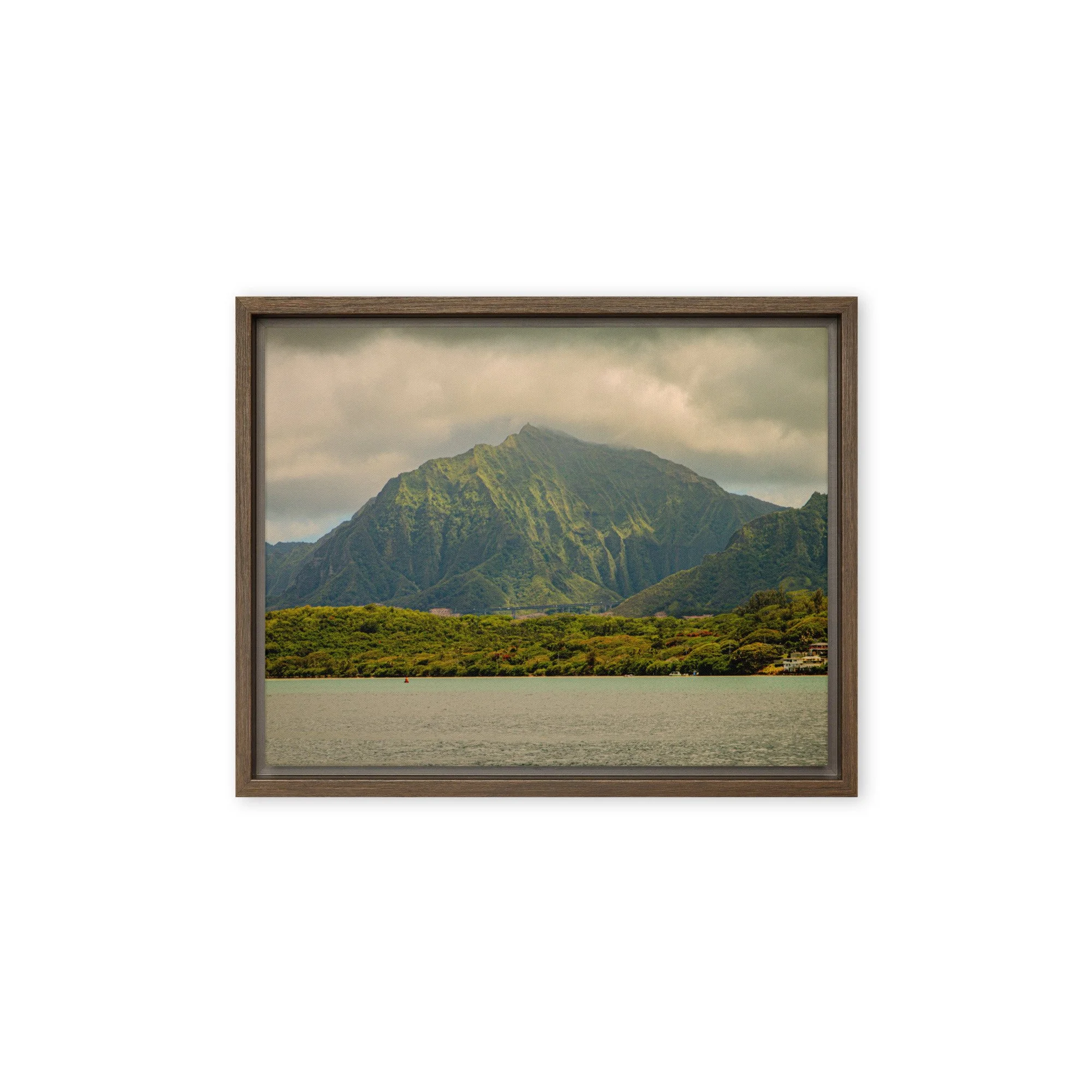 Oahu Hawaii mountain cliffs with ocean view under cloudy skies, framed landscape wall art