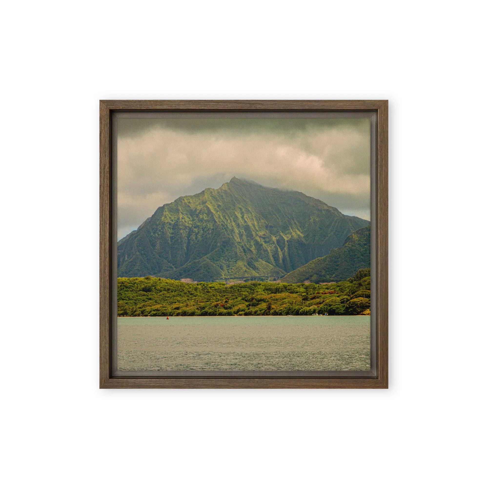 Oahu Hawaii mountain cliffs with ocean view under cloudy skies, framed landscape wall art