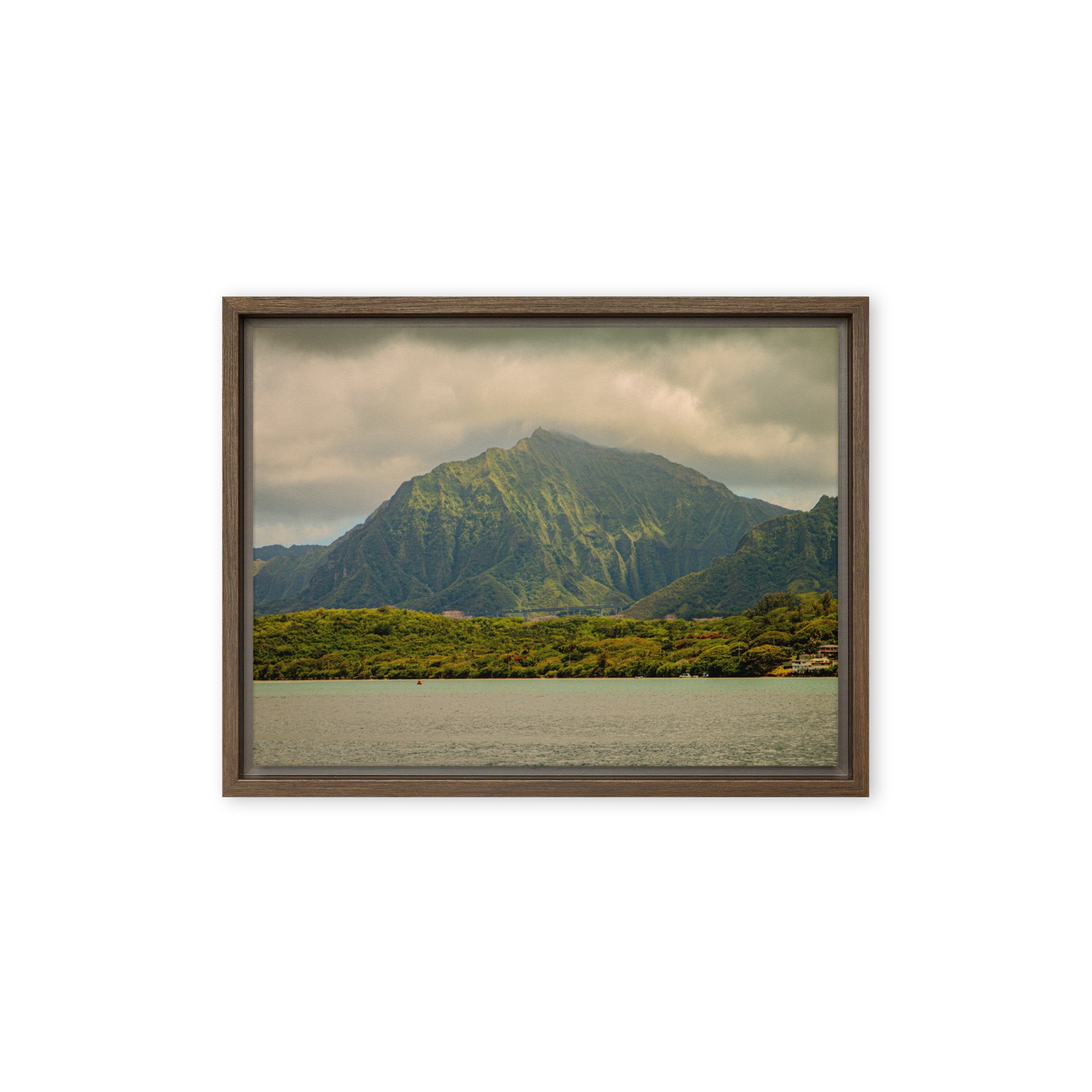 Oahu Hawaii mountain cliffs with ocean view under cloudy skies, framed landscape wall art