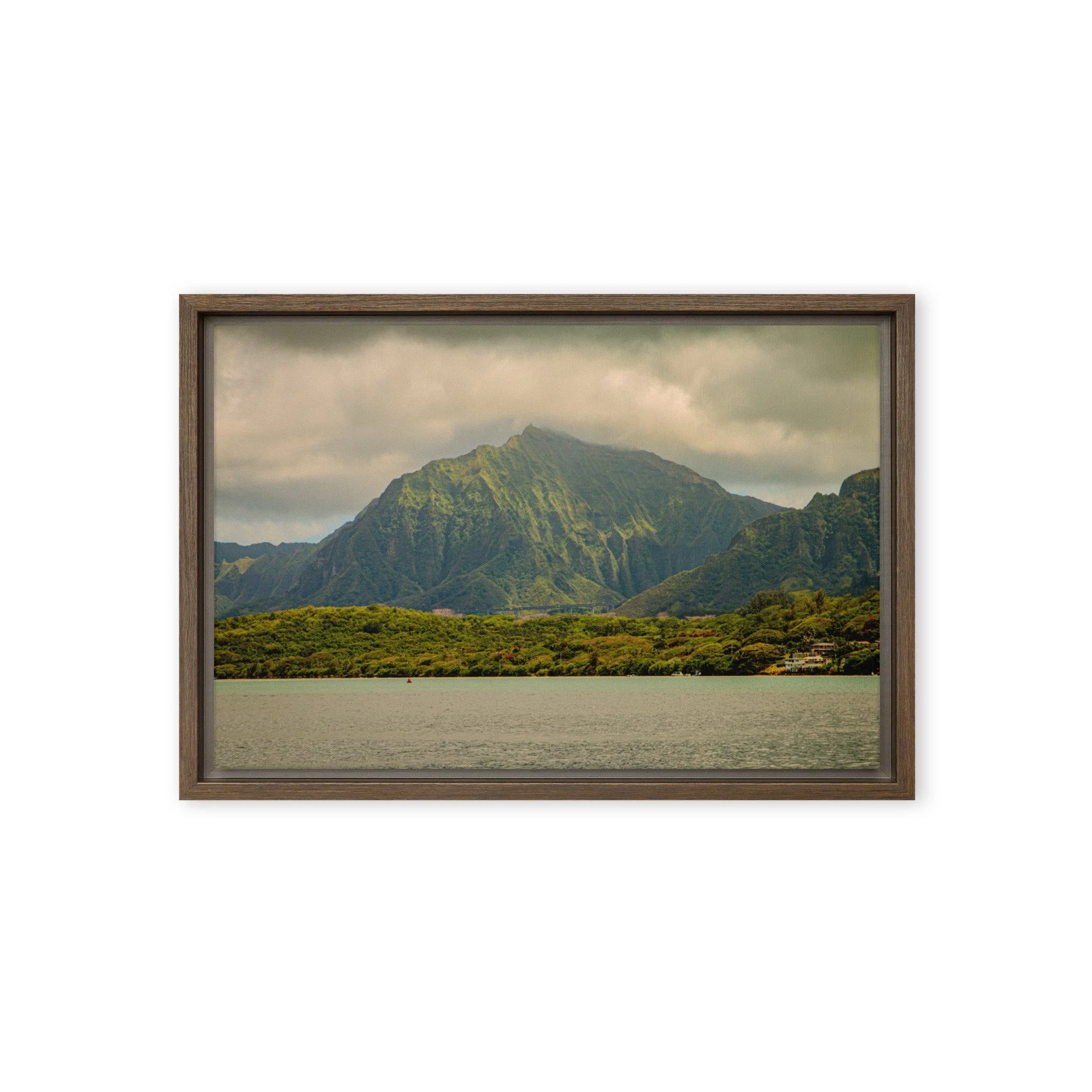 Oahu Hawaii mountain cliffs with ocean view under cloudy skies, framed landscape wall art