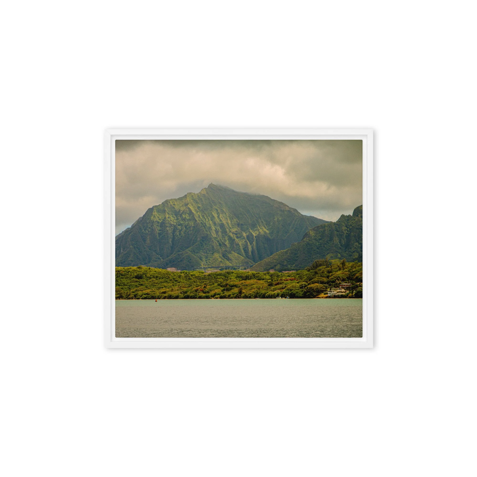 Oahu Hawaii mountain cliffs with ocean view under cloudy skies, framed landscape wall art