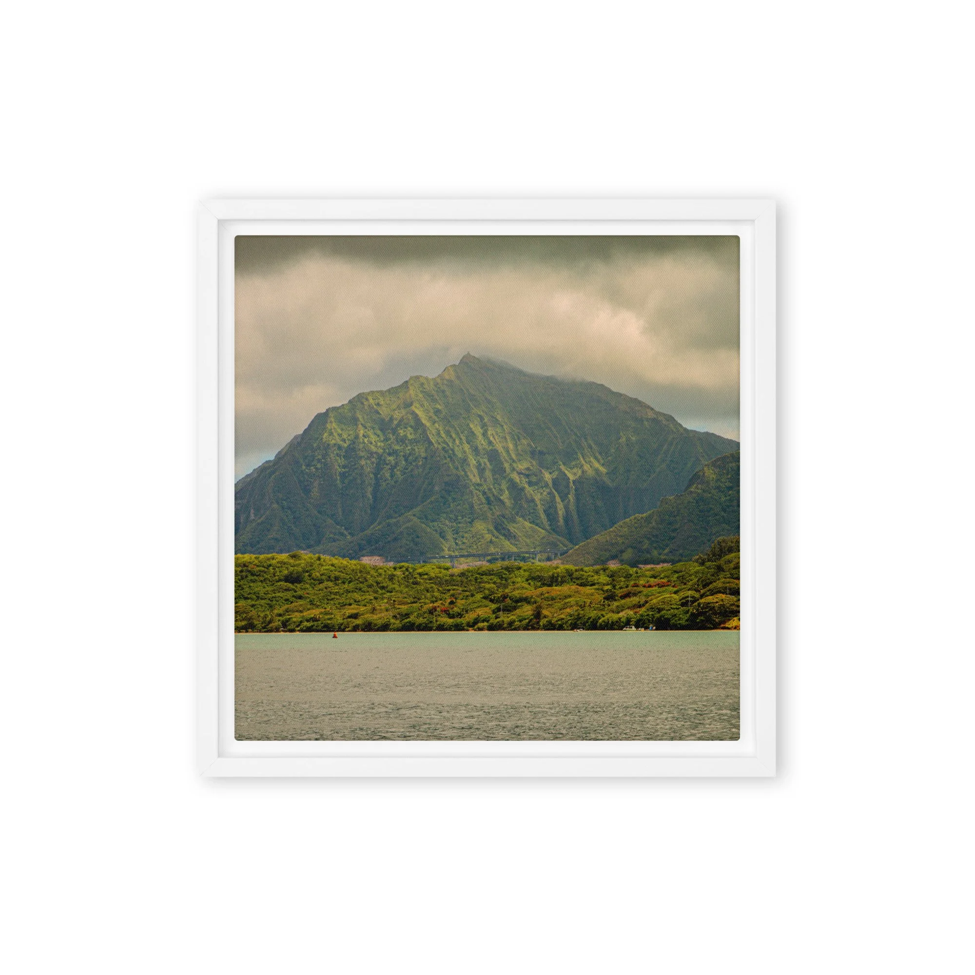 Oahu Hawaii mountain cliffs with ocean view under cloudy skies, framed landscape wall art