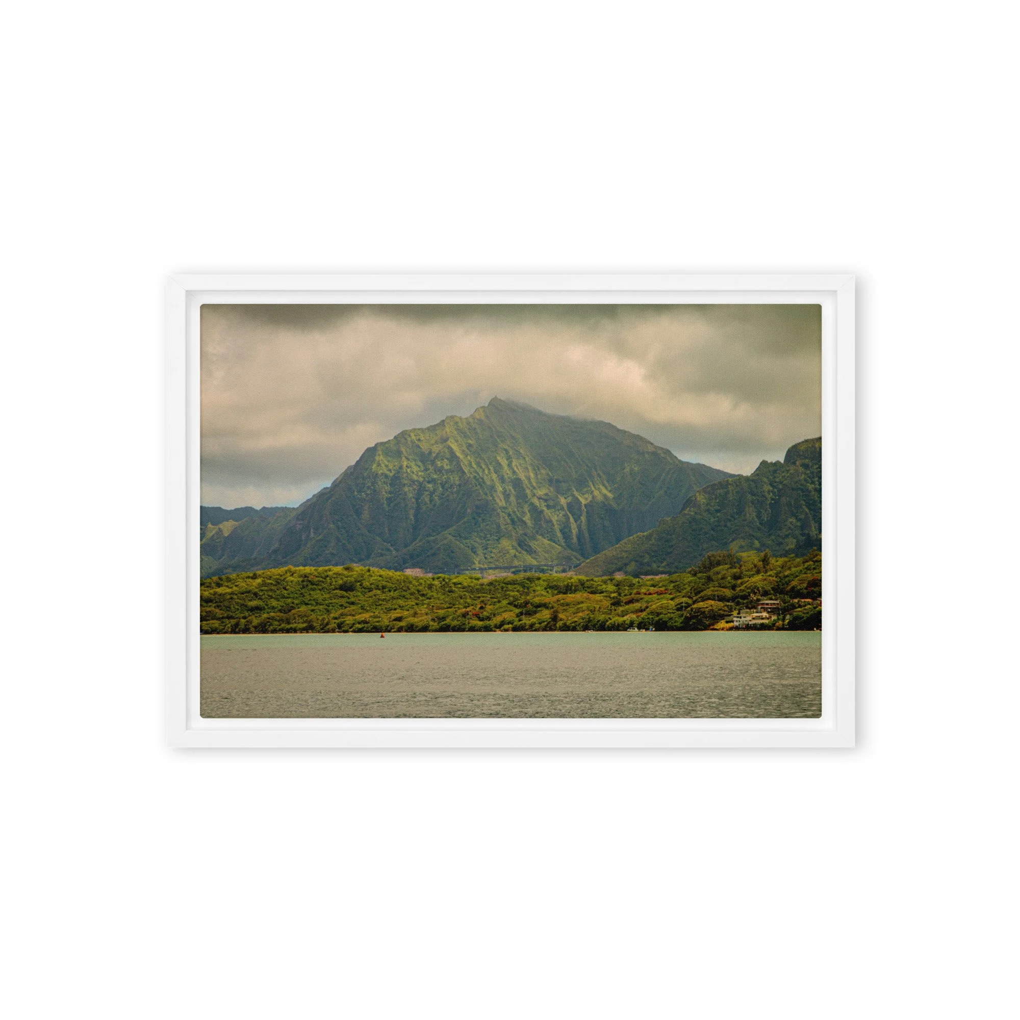 Oahu Hawaii mountain cliffs with ocean view under cloudy skies, framed landscape wall art