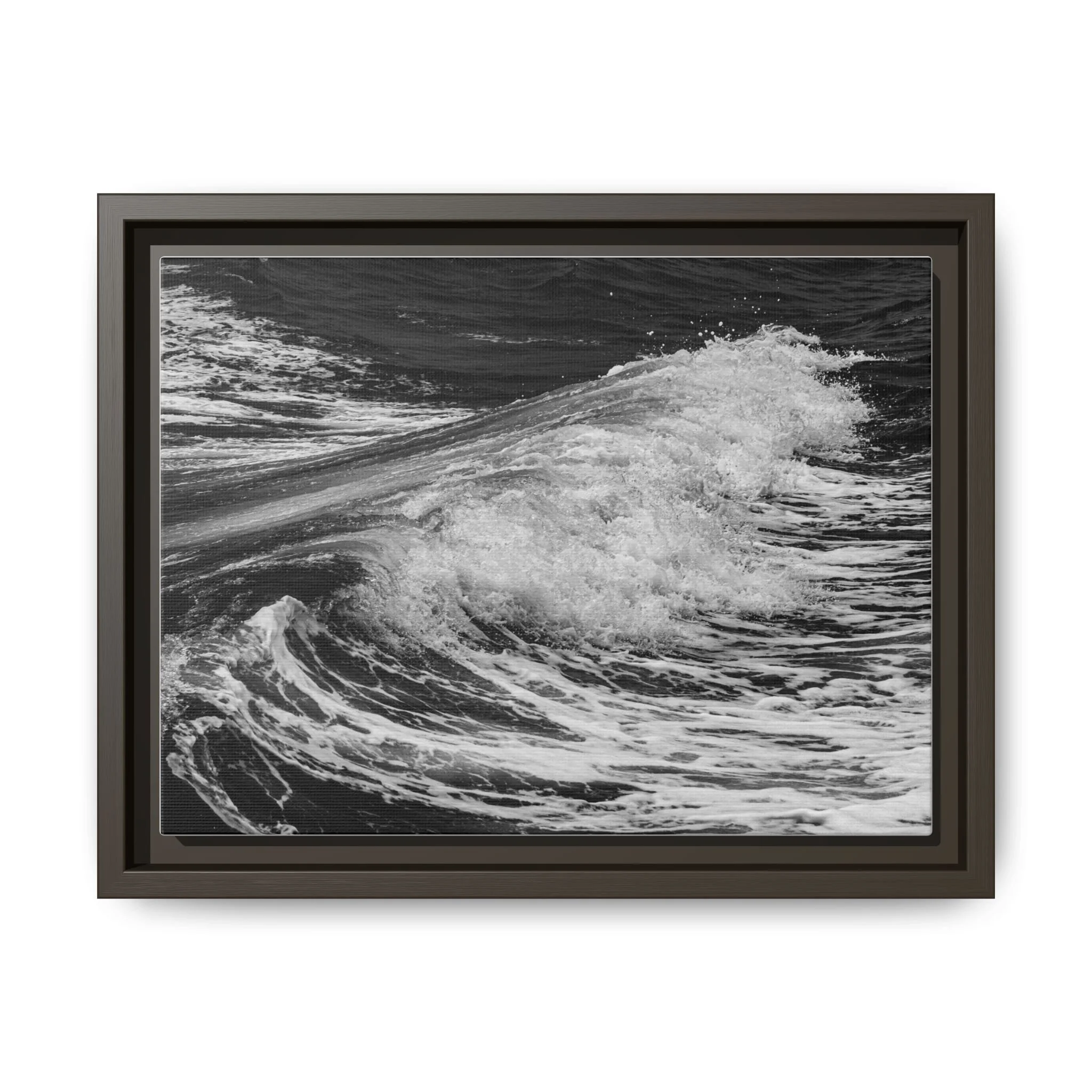 Framed monochrome canvas print of a breaking ocean wave photographed in Maui, Hawaii