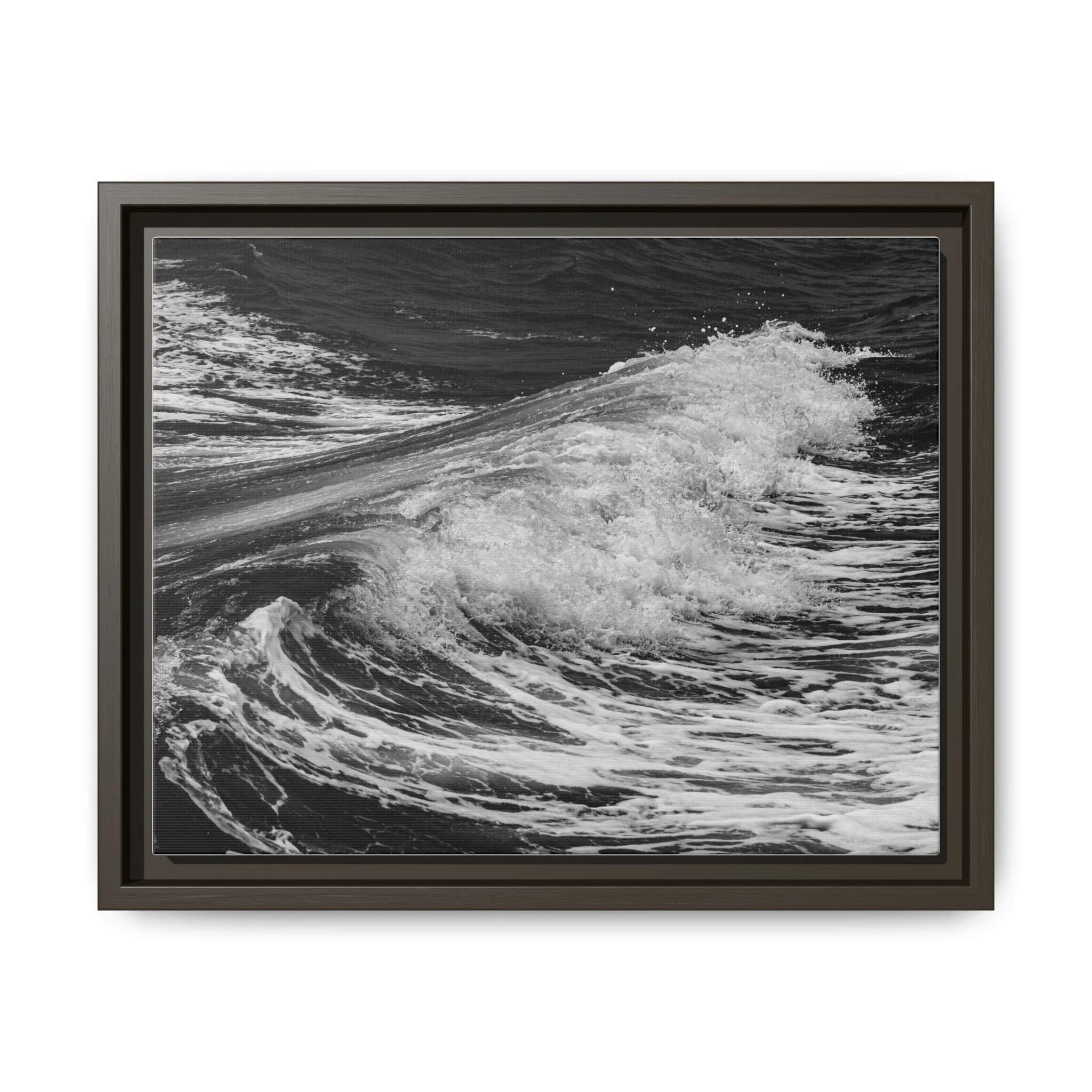 Framed monochrome canvas print of a breaking ocean wave photographed in Maui, Hawaii